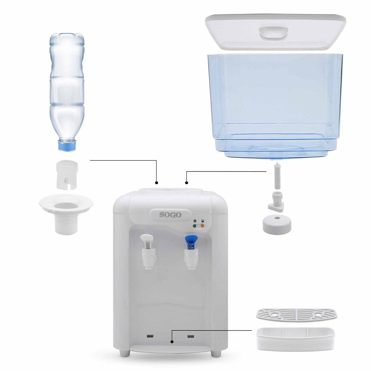 Dispensador de agua blanco desmontado, mostrando componentes como botella, tanques y boquillas.