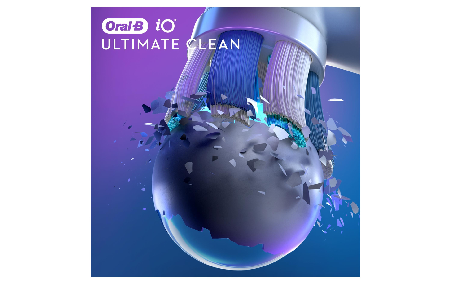 Primer plano del cabezal del cepillo de dientes eléctrico Oral-B iO, con cerdas rotas y elementos azules.