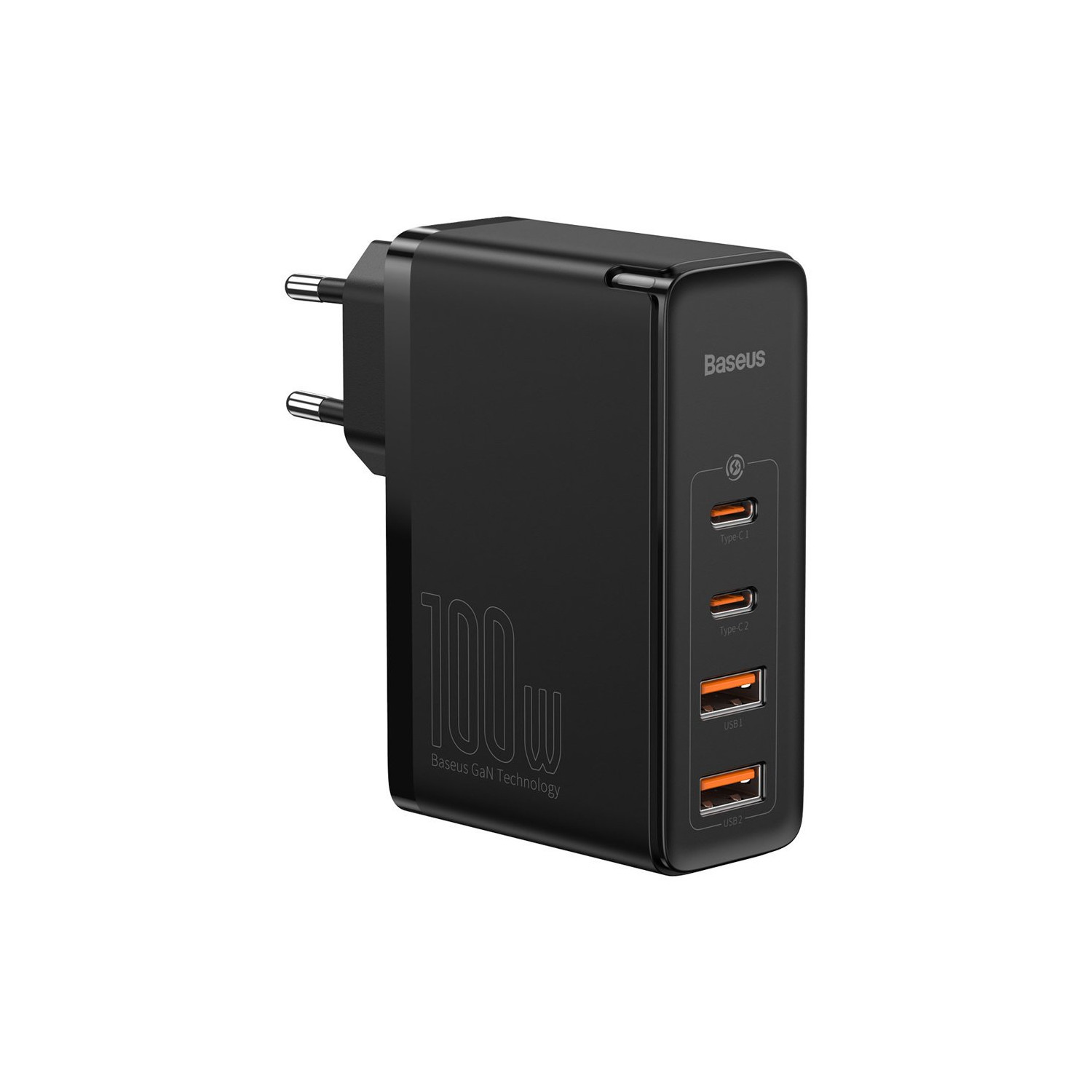 Czarna ładowarka Baseus 100W z trzema portami USB i wtyczką zasilania.