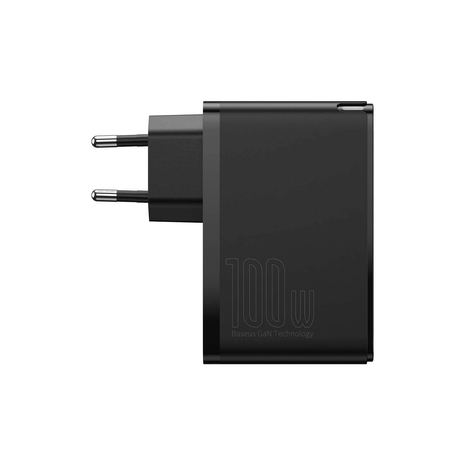 Czarna ładowarka 100W z bolcami. Wydrukowano '100W'. Marka to Baseus.