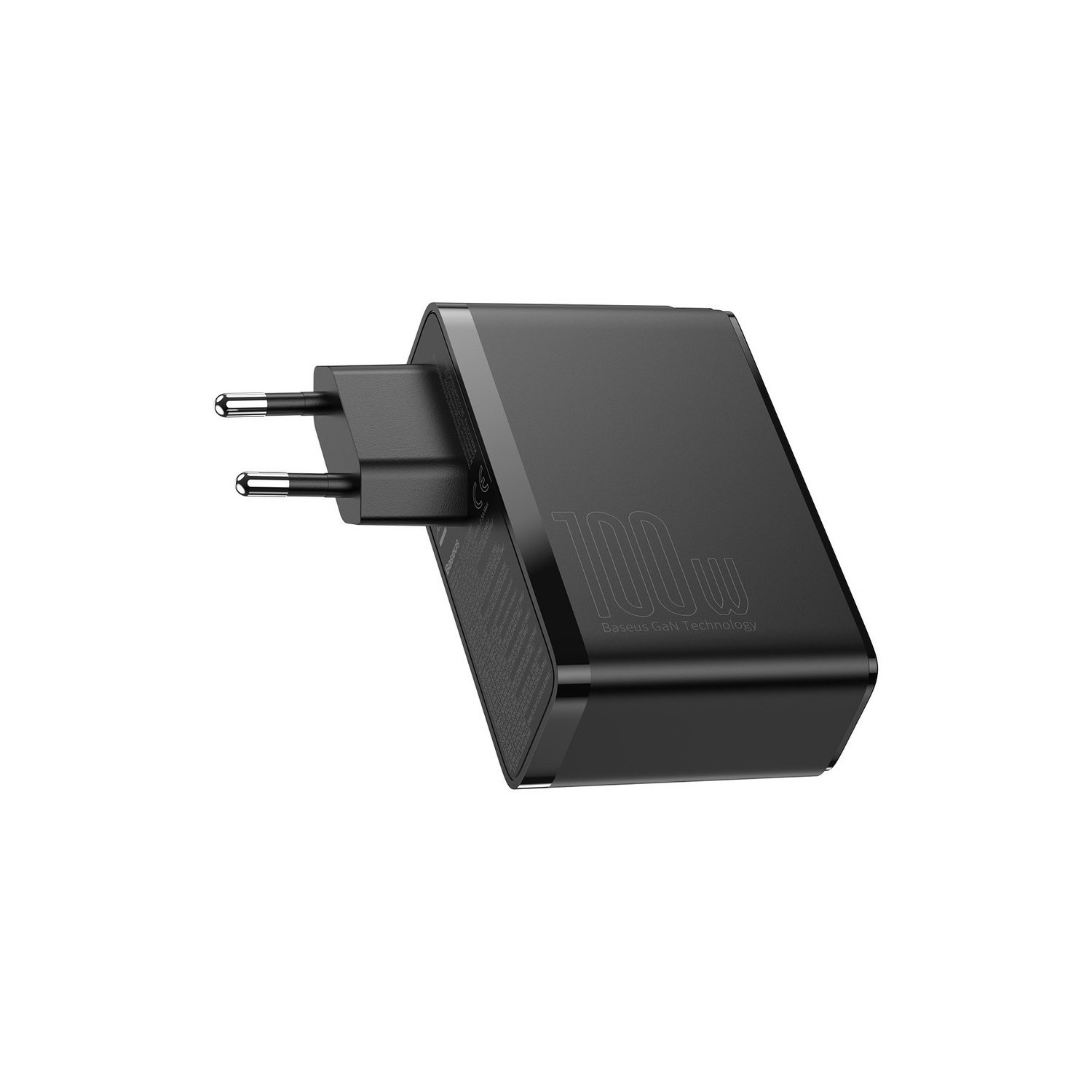 Czarna ładowarka 100W z bolcami. Wydrukowano '100W'. Marka to Baseus.