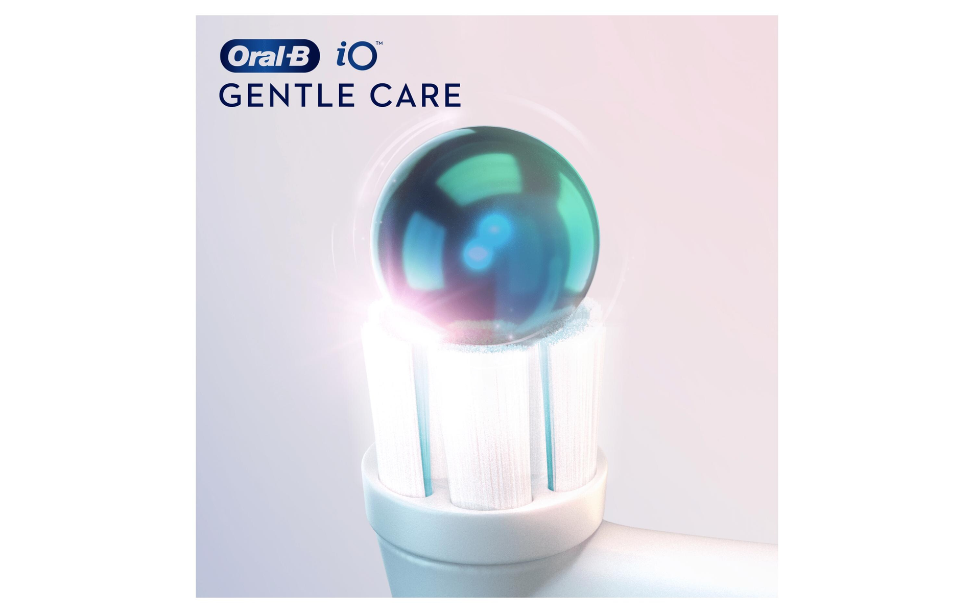 Główka szczoteczki do zębów Oral-B iO z niebieską kulą i napisem 'GENTLE CARE' na górze.
