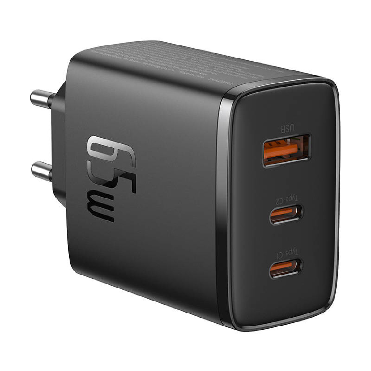 Czarna ładowarka 65W z portami USB i Type-C, z
