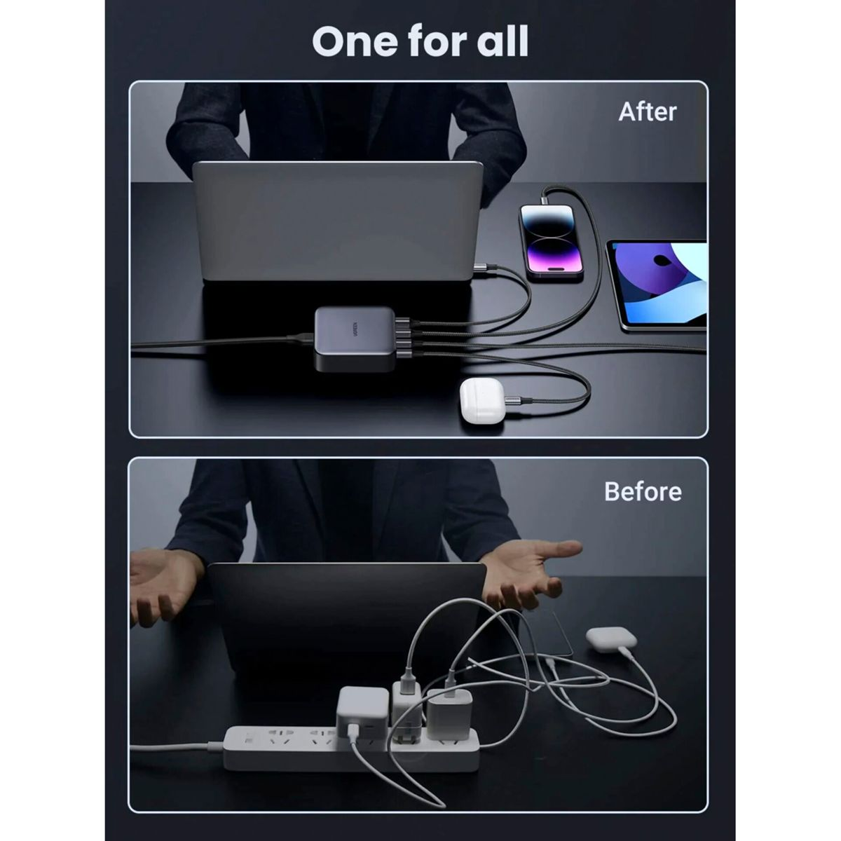 Prima: Molti caricabatterie e cavi. Dopo: Un hub carica laptop, telefono, tablet, AirPods.