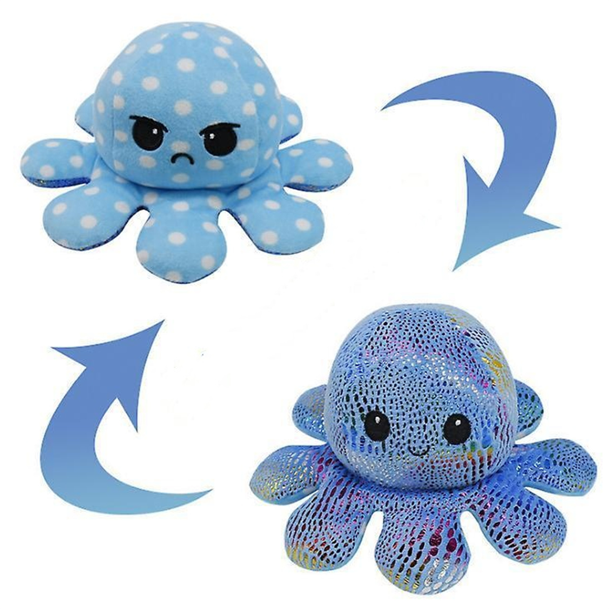Wende-Oktopus-Plüschtier. Eine Seite ist wütend, die andere glücklich. Pfeile zeigen den Wechsel.