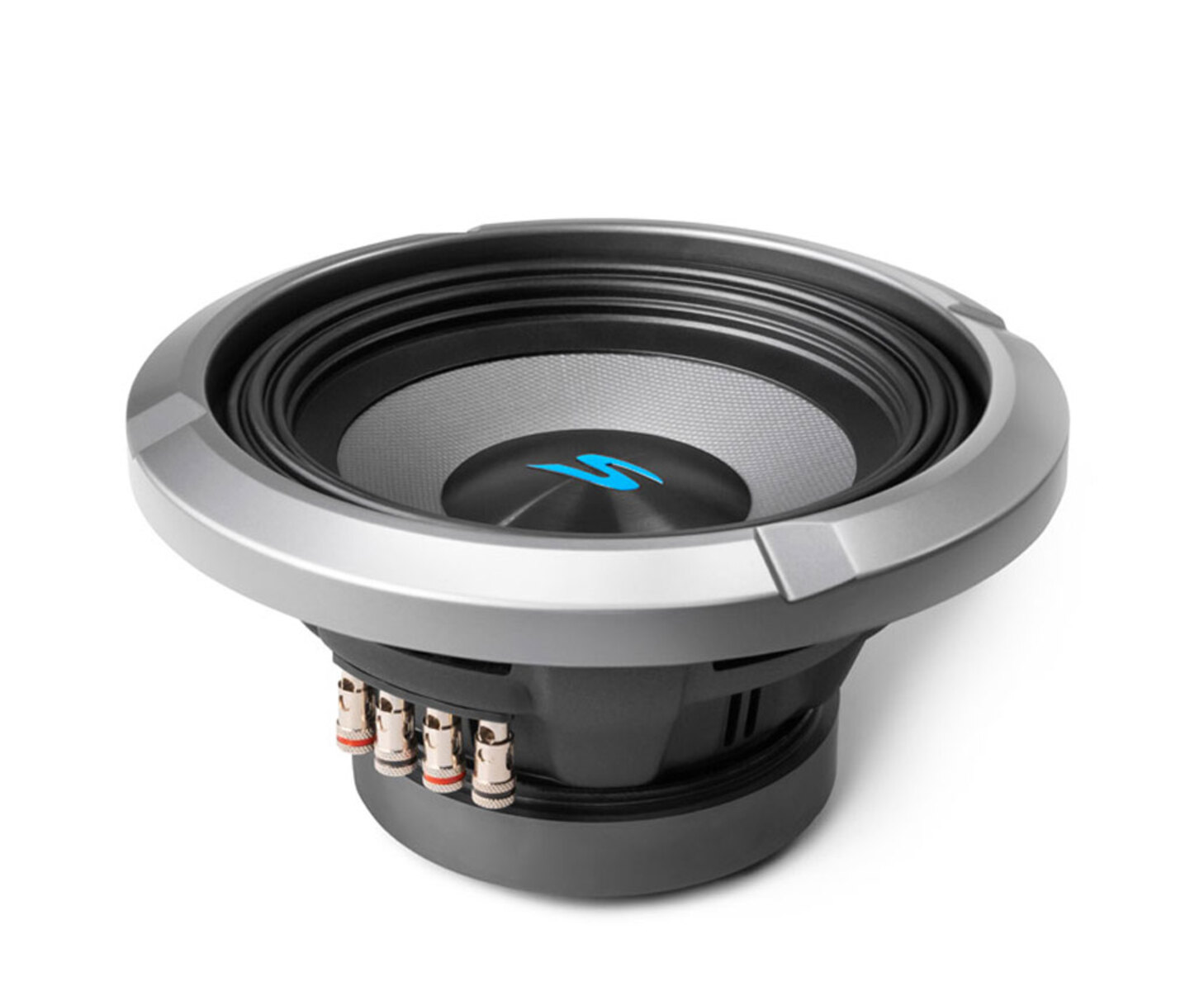 Auto-Subwoofer, schwarz und silber mit weißem Hintergrund.