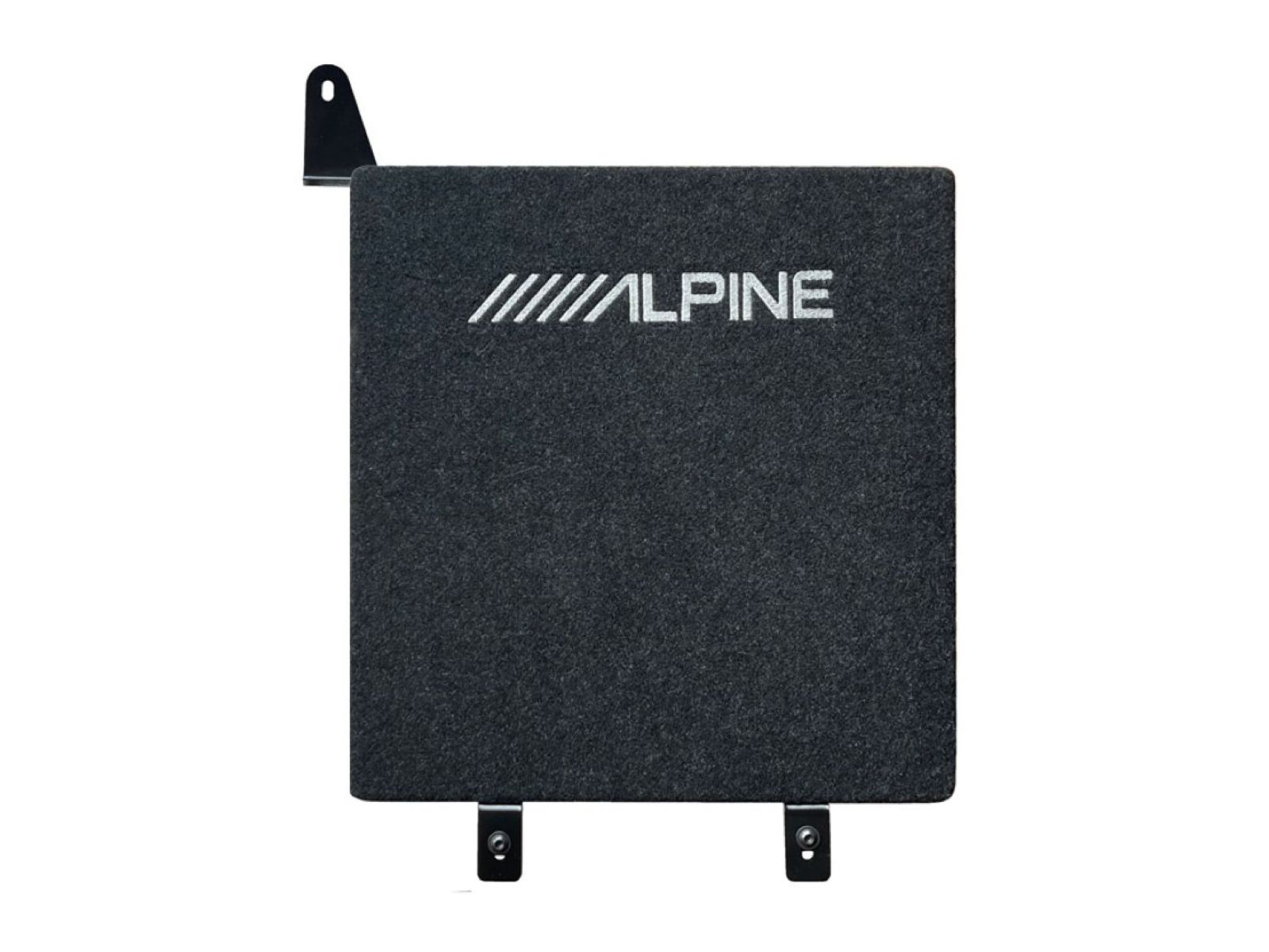 Ein schwarzer Auto-Subwoofer mit dem Alpine-Logo und Montagehalterungen.