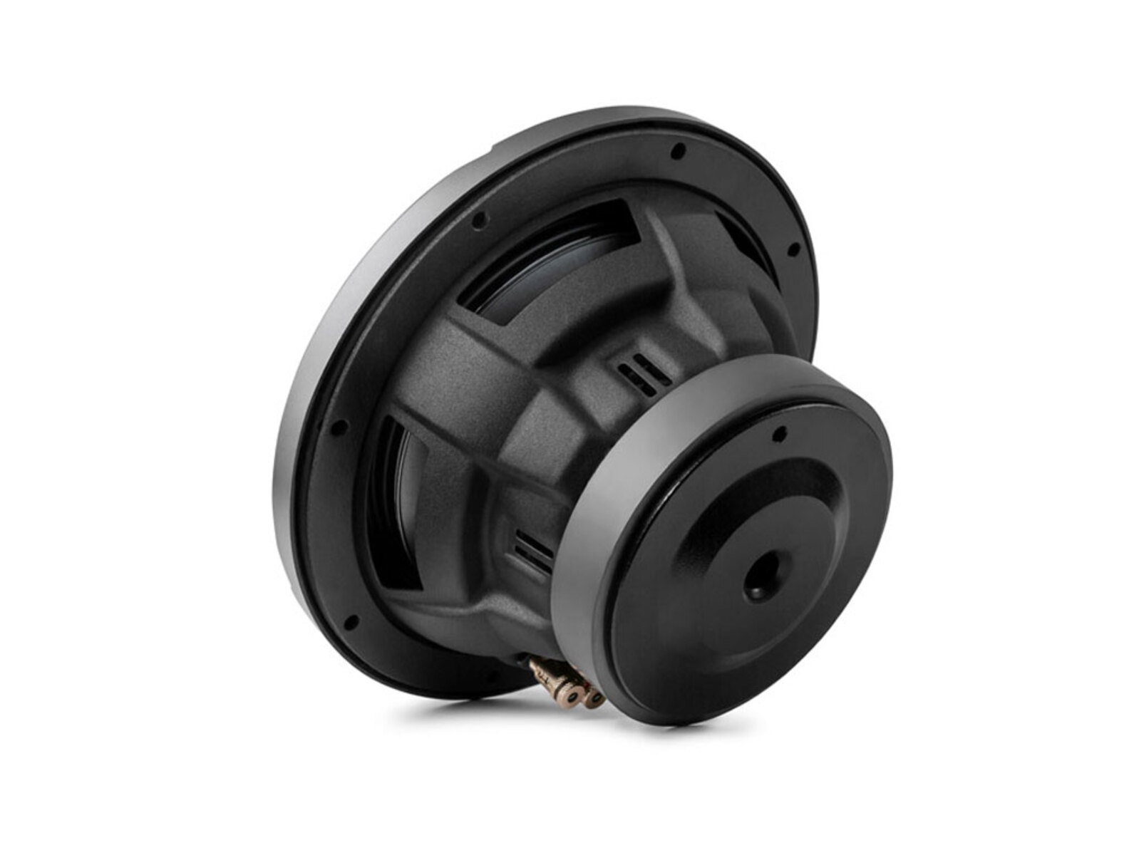 Ein schwarzer Subwoofer-Lautsprecher, von der Seite betrachtet, wobei der Lautsprechertrichter von der Kamera wegzeigt.