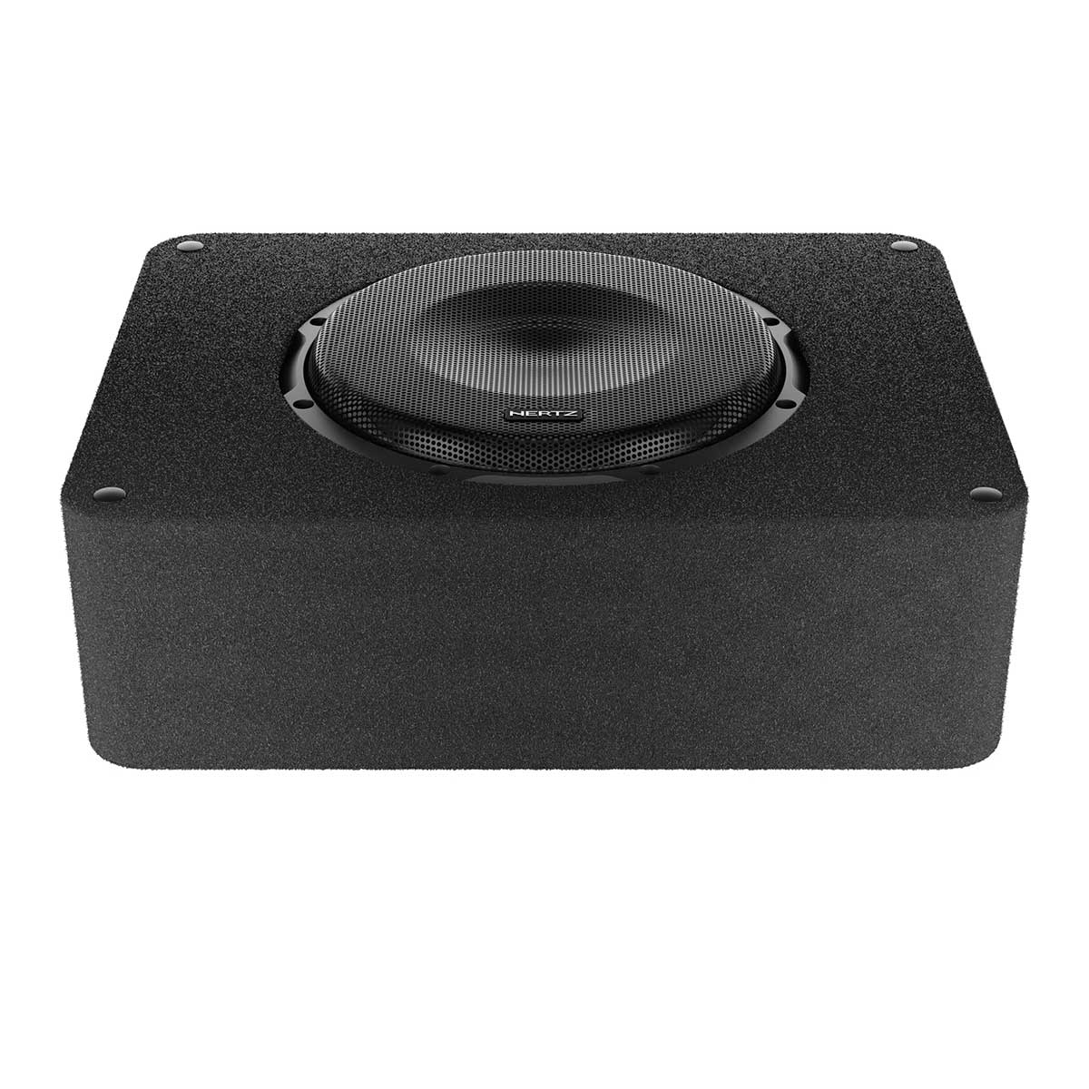 Ein schwarzer Subwoofer. Er ist rechteckig mit einem Gitter und dem Hertz-Logo.
