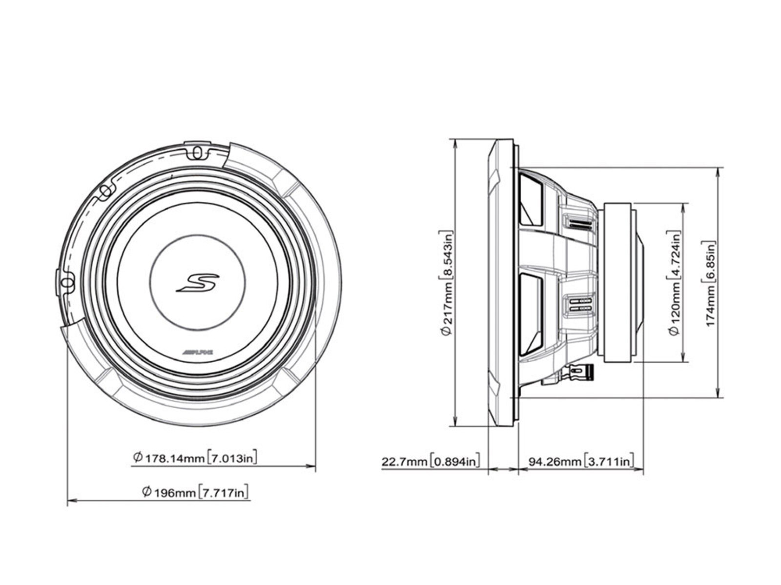 Technische Zeichnung eines Car-Audio-Subwoofers. Zeigt Abmessungen und Spezifikationen in Millimetern und Zoll.
