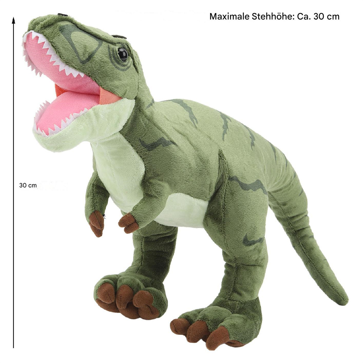 Grünes Dinosaurier-Spielzeug mit offenem Maul, 30 cm hoch. Weißer Hintergrund.