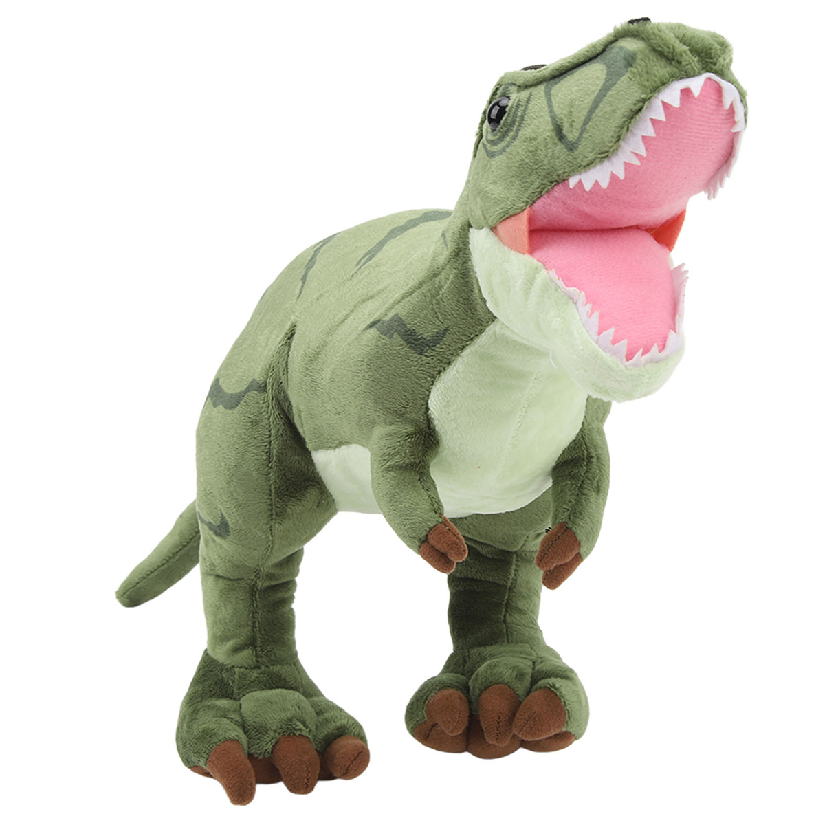 Grüner Spielzeug-T-Rex mit offenem Maul und rosa Innenraum, auf weißem Hintergrund.