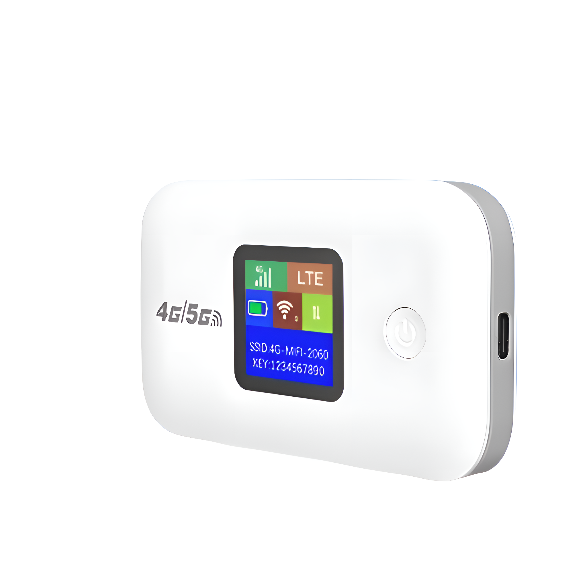 Weißes 4G/5G-Modem mit kleinem Farbdisplay. Zeigt Signal-, WLAN- und Verbindungsstatus an.