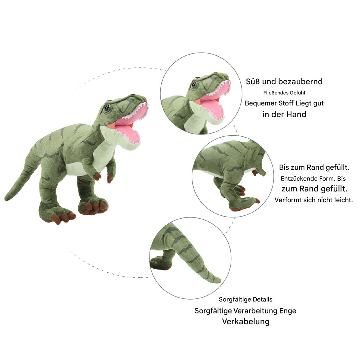 Grünes Dinosaurier-Plüschtier mit Details. Nahaufnahmen zeigen Mund, Details. Text sagt: 'Süß und bezaubernd'.