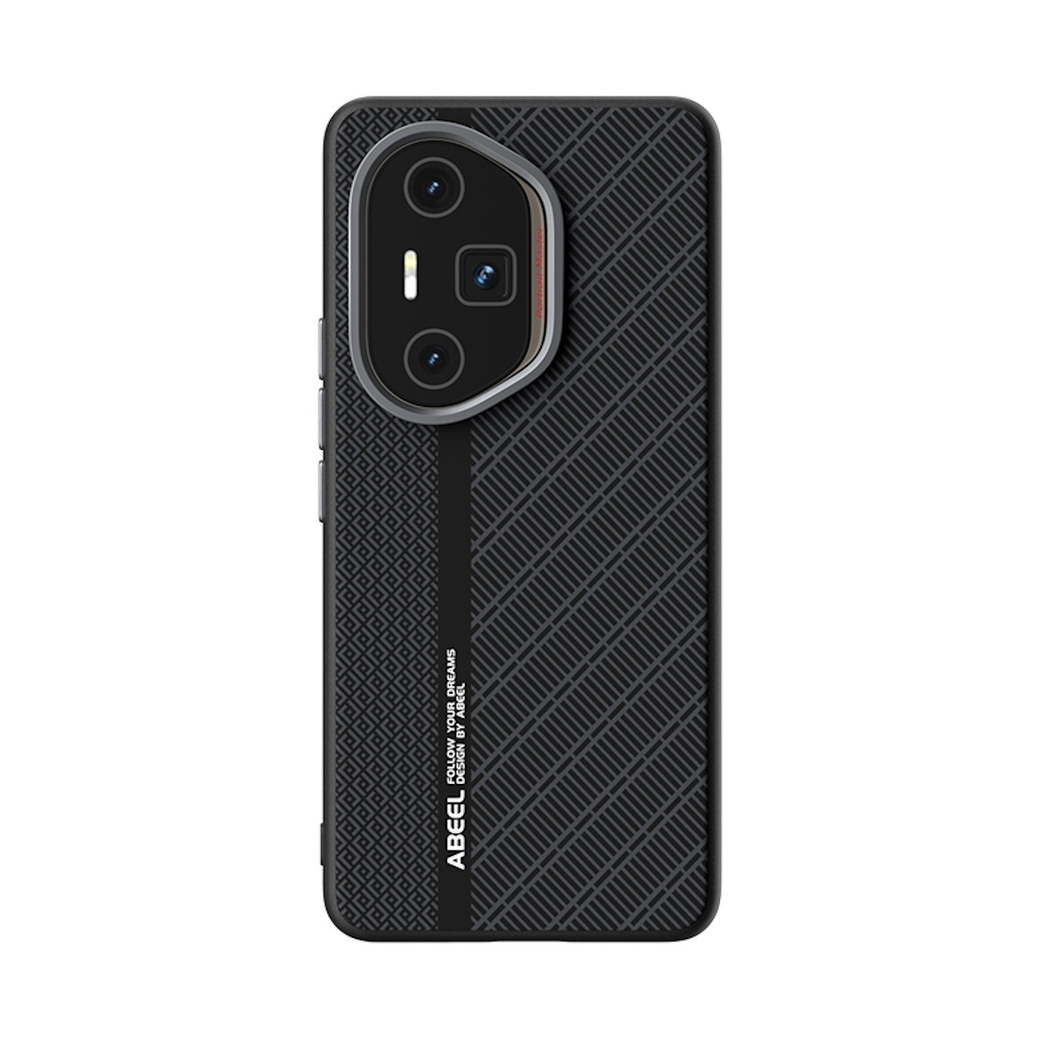 Funda de teléfono negra con zona de cámara. Líneas diagonales y una línea de texto. Fondo blanco.