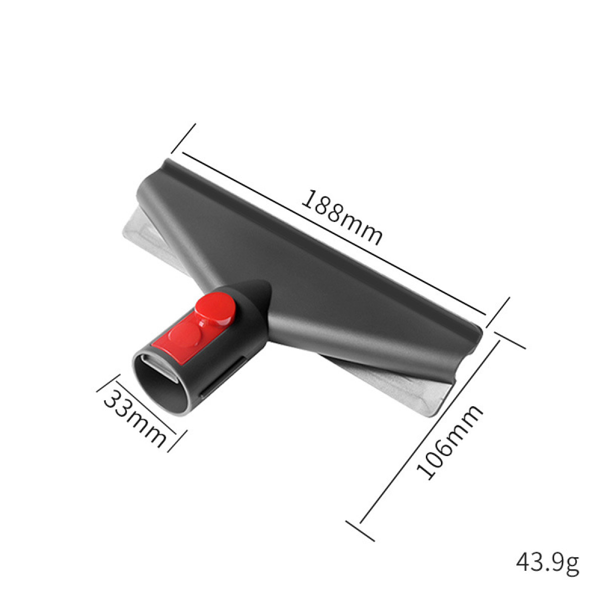 Czarna i czerwona głowica odkurzacza z wymiarami. Posiada czerwony przycisk i srebrną metalową część.