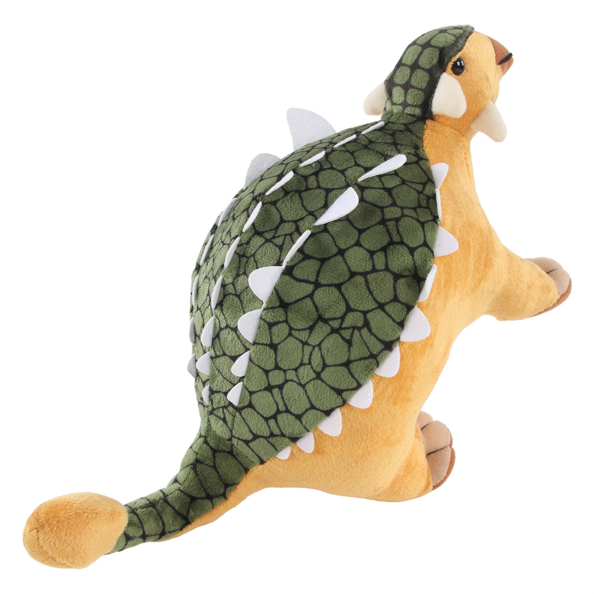 Ein Stofftier-Dinosaurier mit grüner und gelber Farbe.