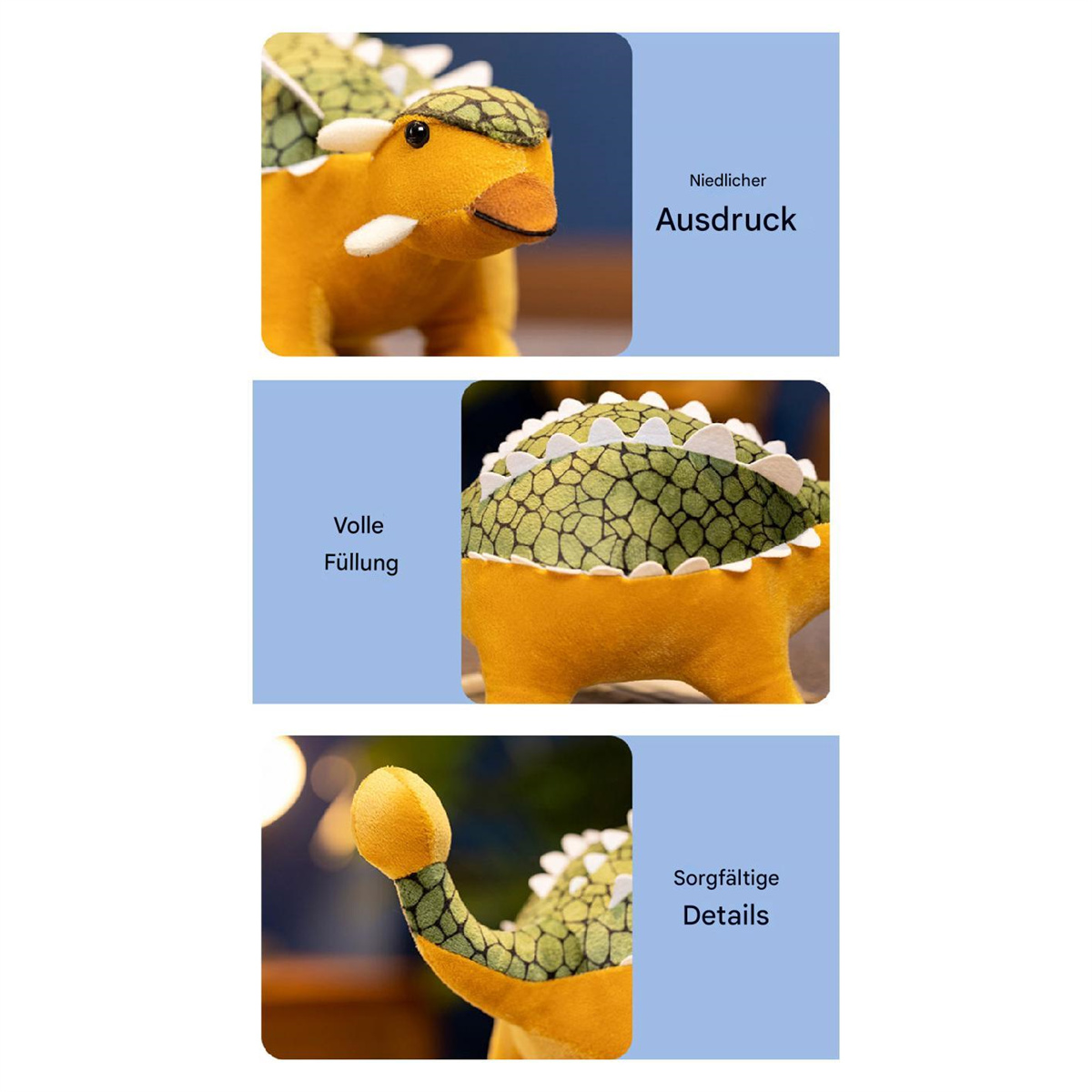 Drei Bilder zeigen ein gelbes Dinosaurier-Plüschtier. Fokus auf Kopf, Rücken und Schwanz. Das Spielzeug hat grün-weiße Details.