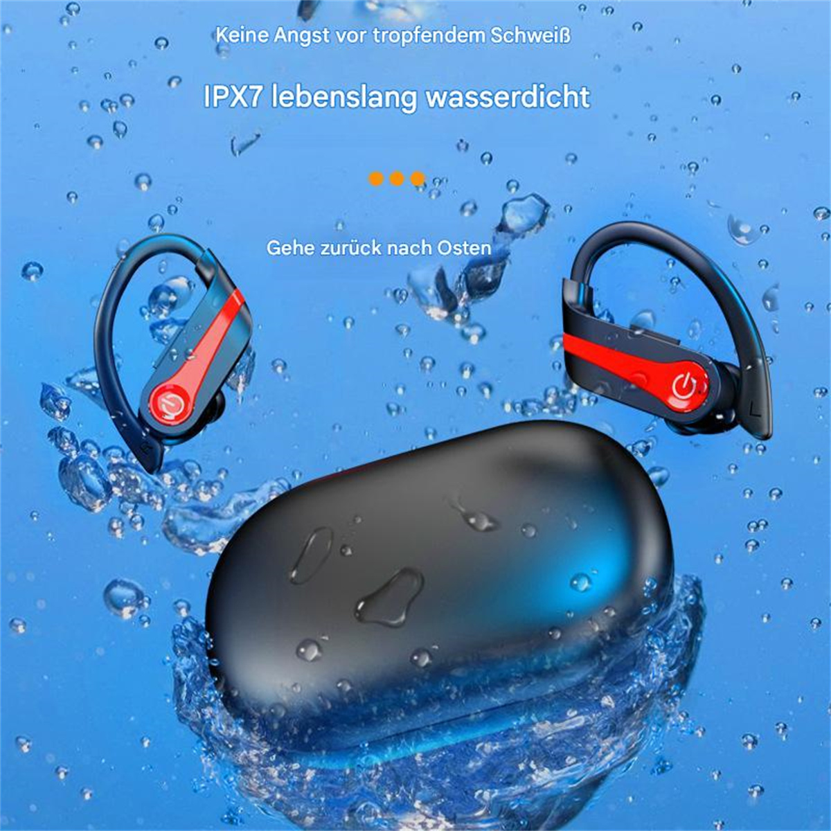 Kabellose Ohrhörer und ein Ladeetui in Wasser mit Blasen, vor blauem Hintergrund mit Text.