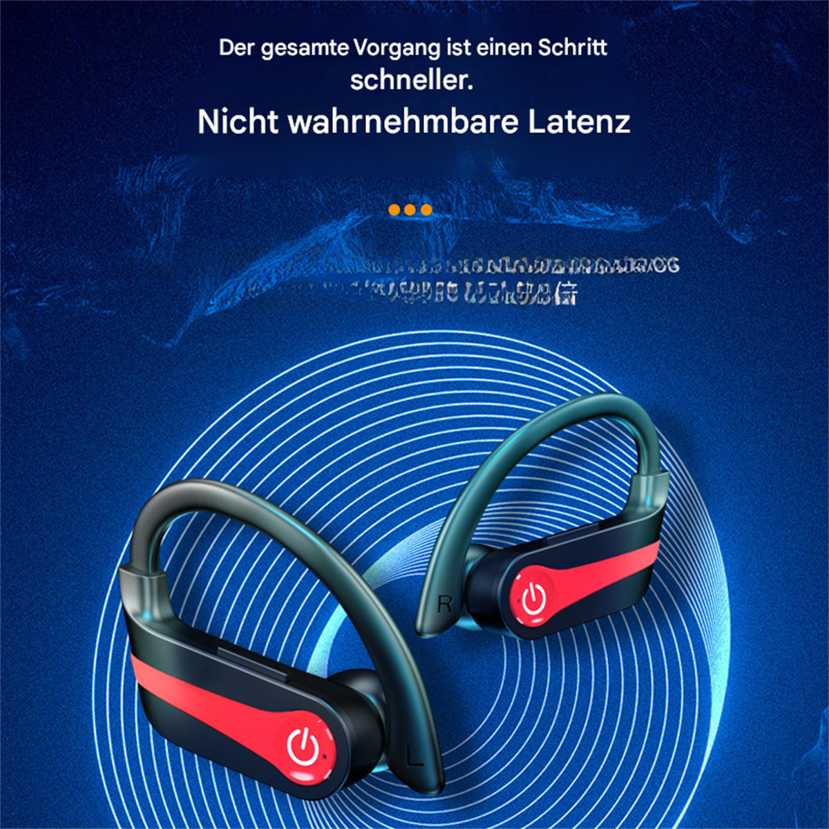 Schwarze und rote kabellose Ohrhörer mit deutschem Text und blauem Farbverlauf im Hintergrund.