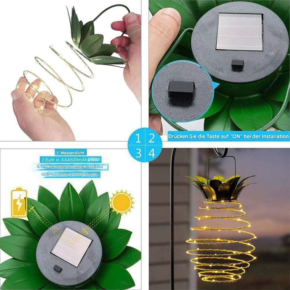 Solarbetriebene Ananas-förmige Leuchte mit LED-Leuchten und einer Hand, die die Spirale hält.