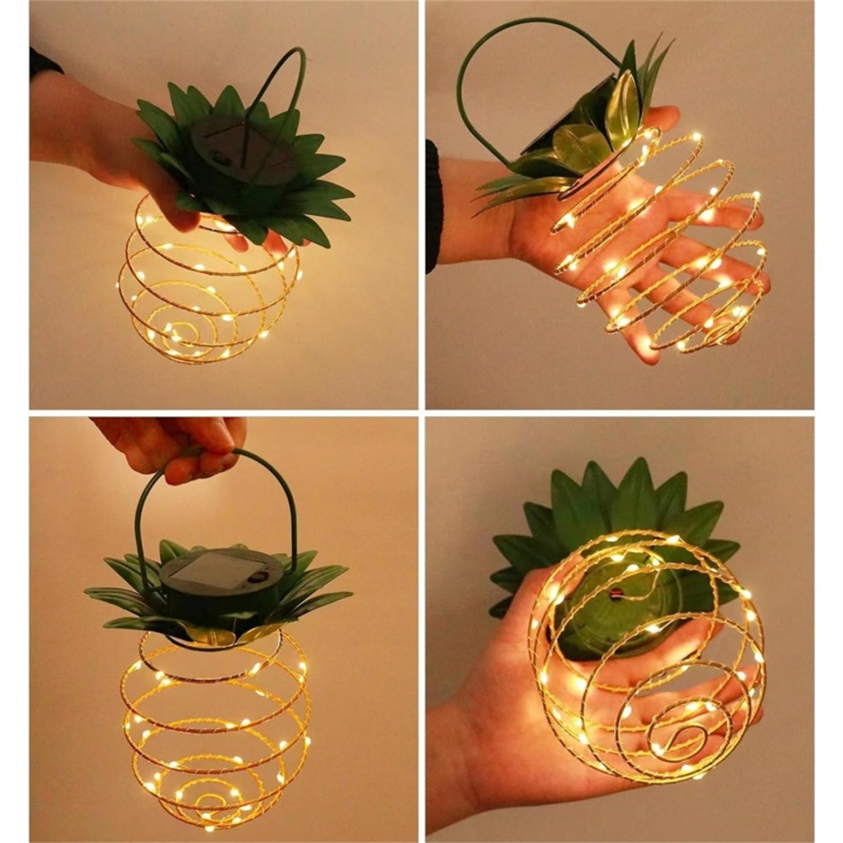 Vier Bilder einer Hand, die ein ananasförmiges Licht mit Lichterketten hält.