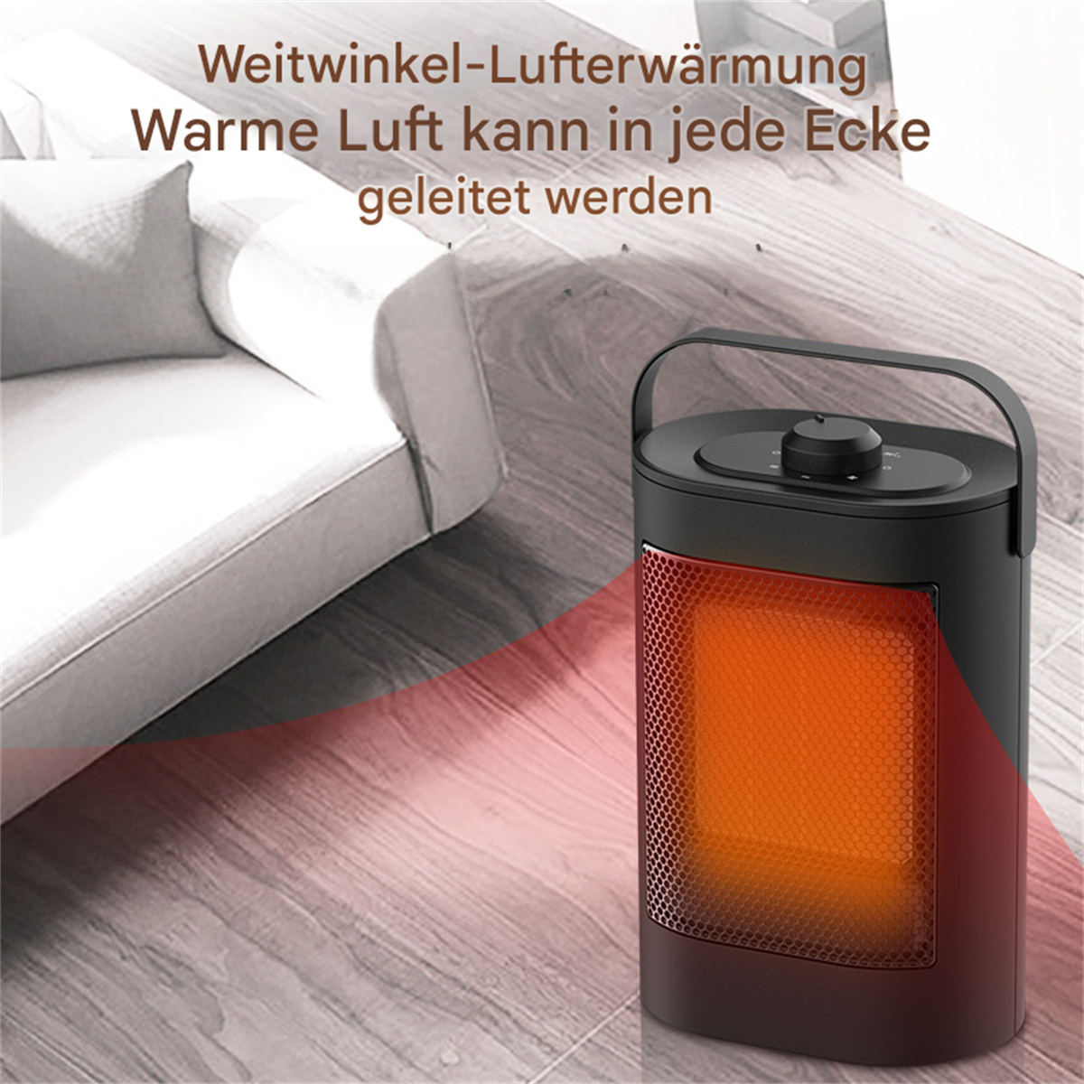 Ein schwarz-roter Heizlüfter mit Griff, platziert in einem Raum in der Nähe einer Couch.