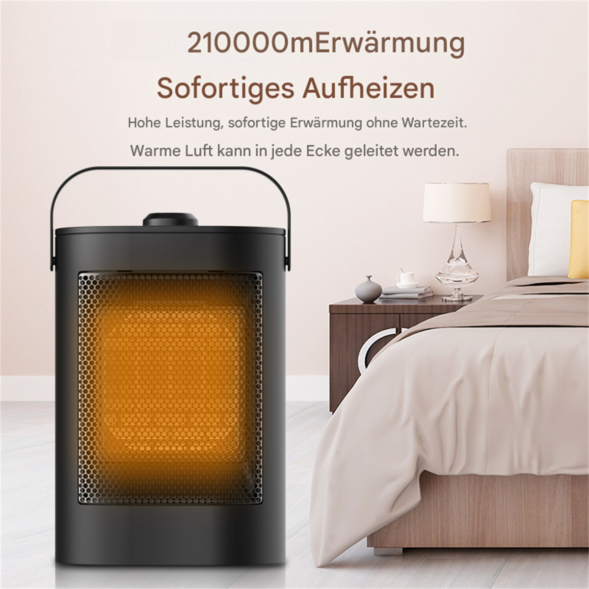 Schwarze Heizung mit warmem orangefarbenem Glühen. Text oben. In einer Raumeinstellung.