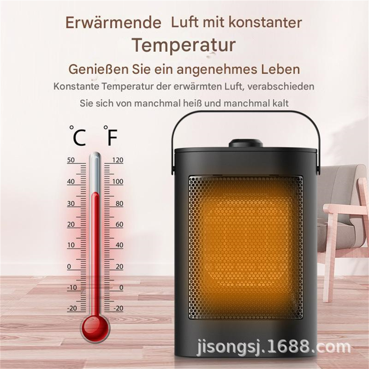 Ein schwarzer elektrischer Heizlüfter mit Thermometer, neben einem Stuhl platziert. Der Hintergrund ist weiß.