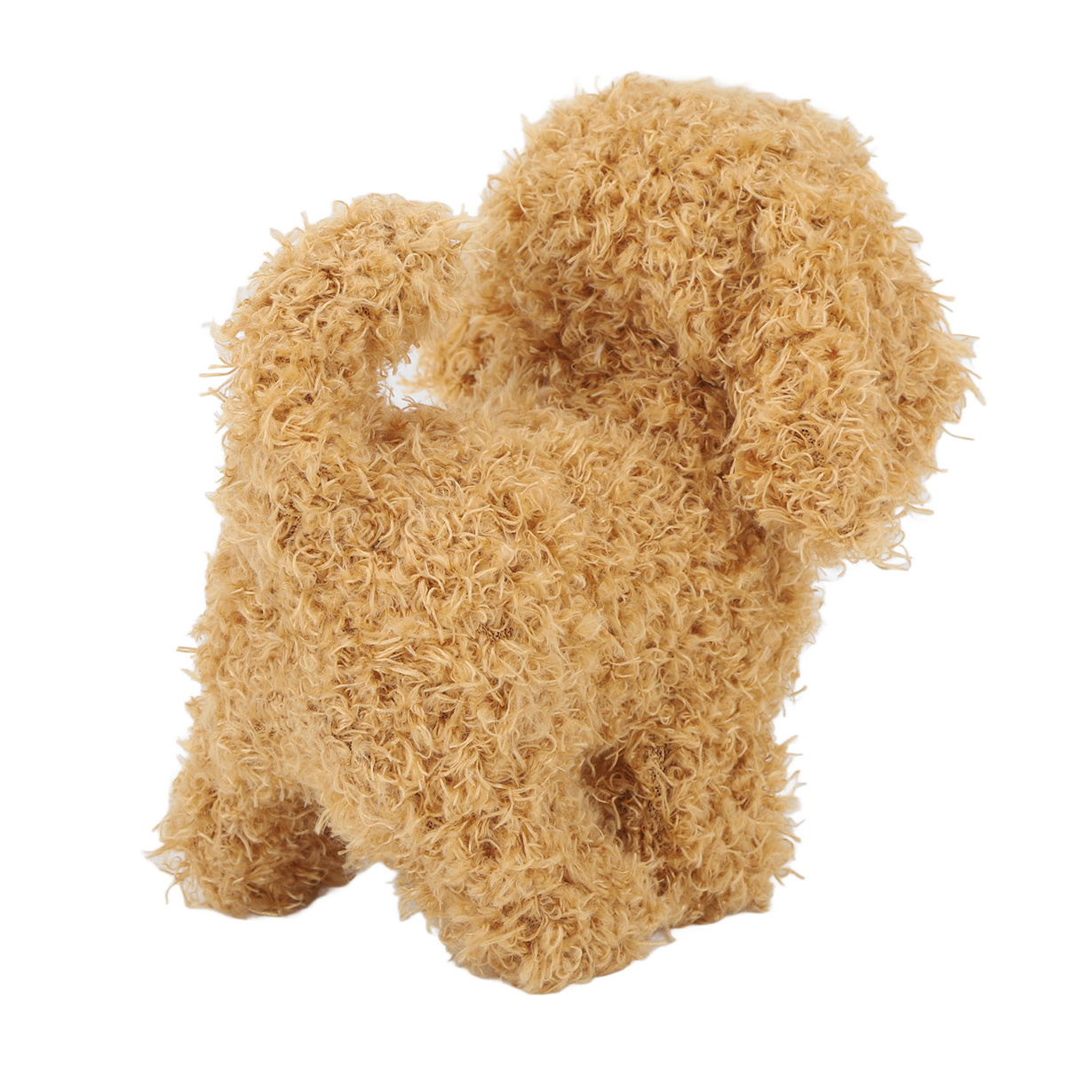 Kleines, braunes, flauschiges Hundespielzeug, lockiges Fell, Rückansicht.