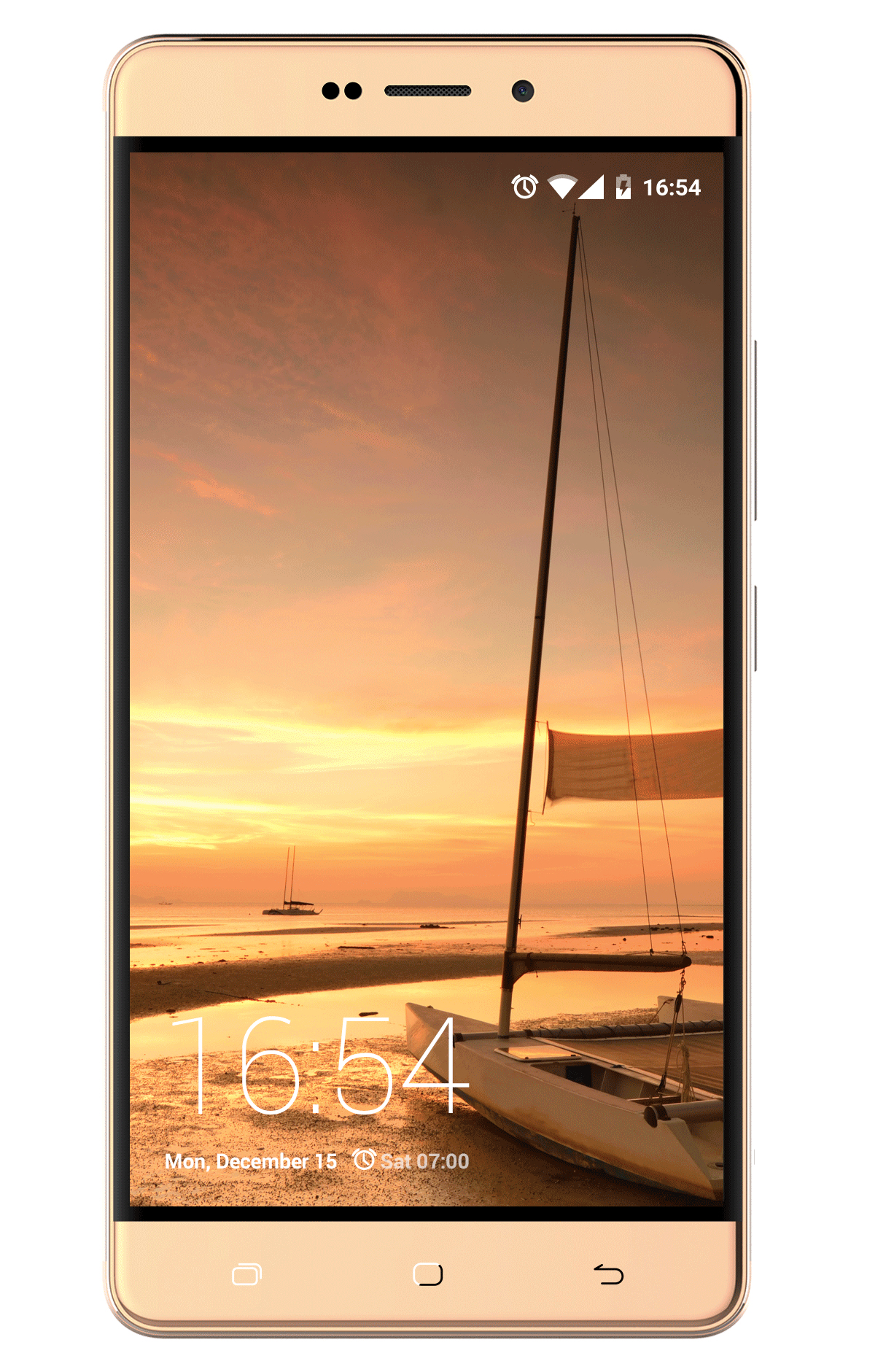 Smartphone dorato con scena di spiaggia al tramonto sullo schermo, che mostra l'ora.