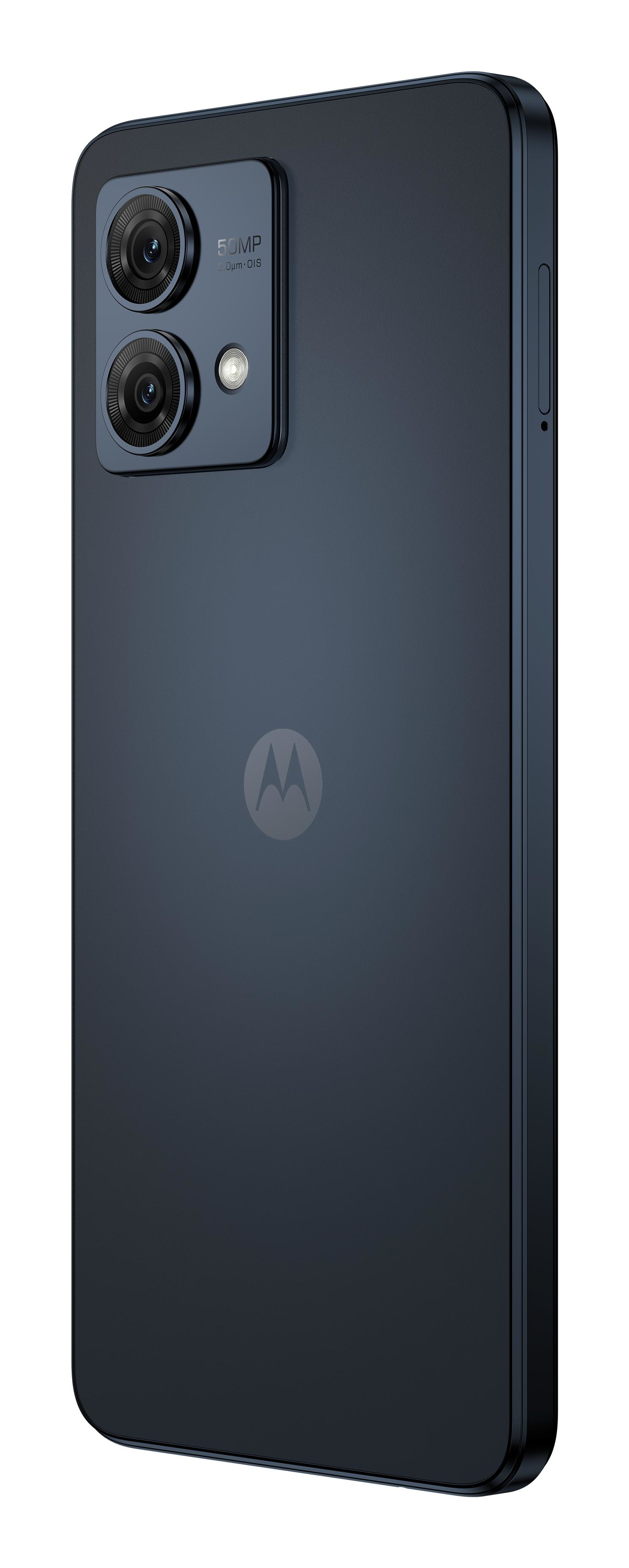 Dunkelblaues Smartphone von hinten, mit Dual-Kameras und Motorola-Logo.
