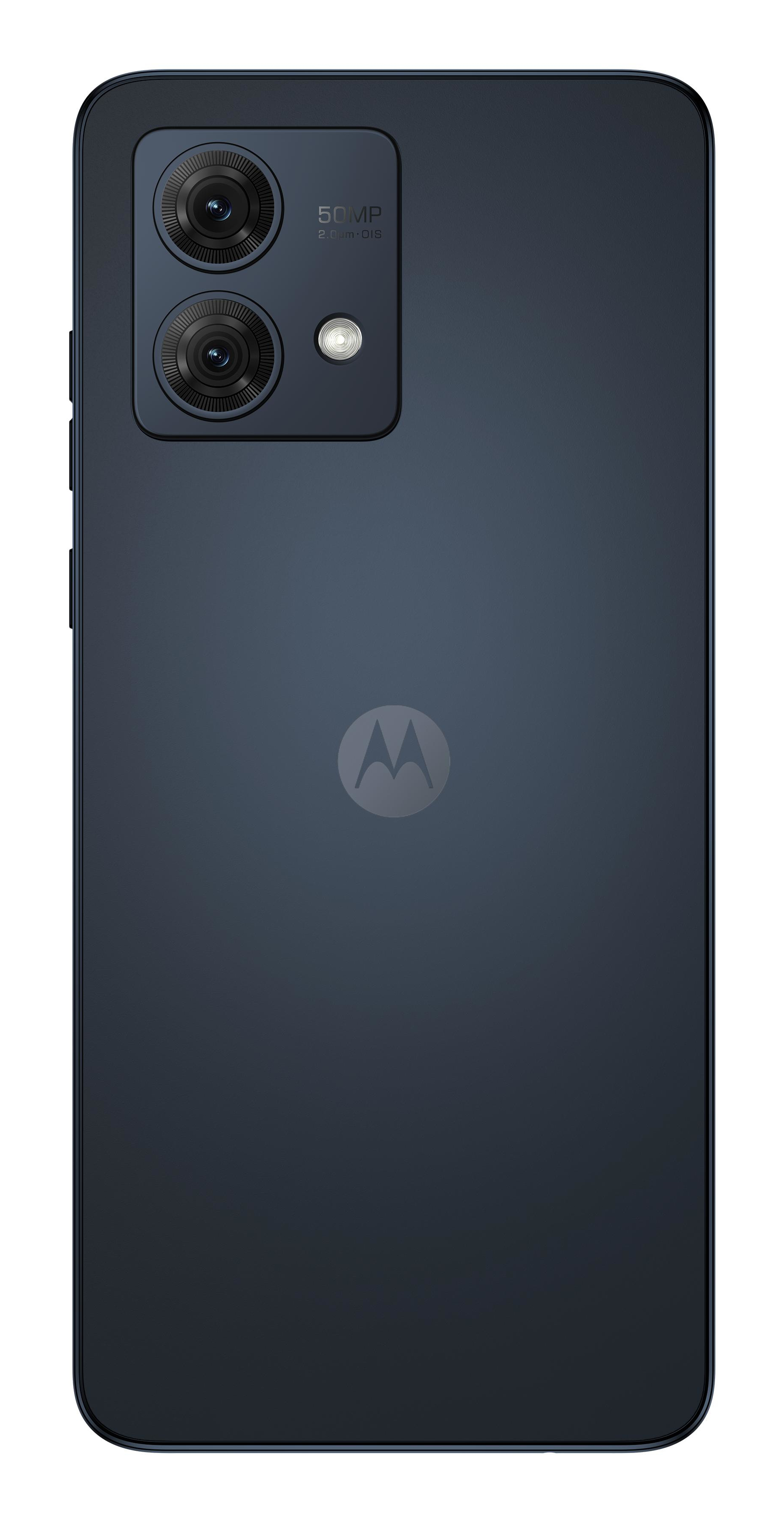 Rückseite des blauen Motorola-Telefons. Dual-Kameras, Blitz und Motorola-Logo sind sichtbar.