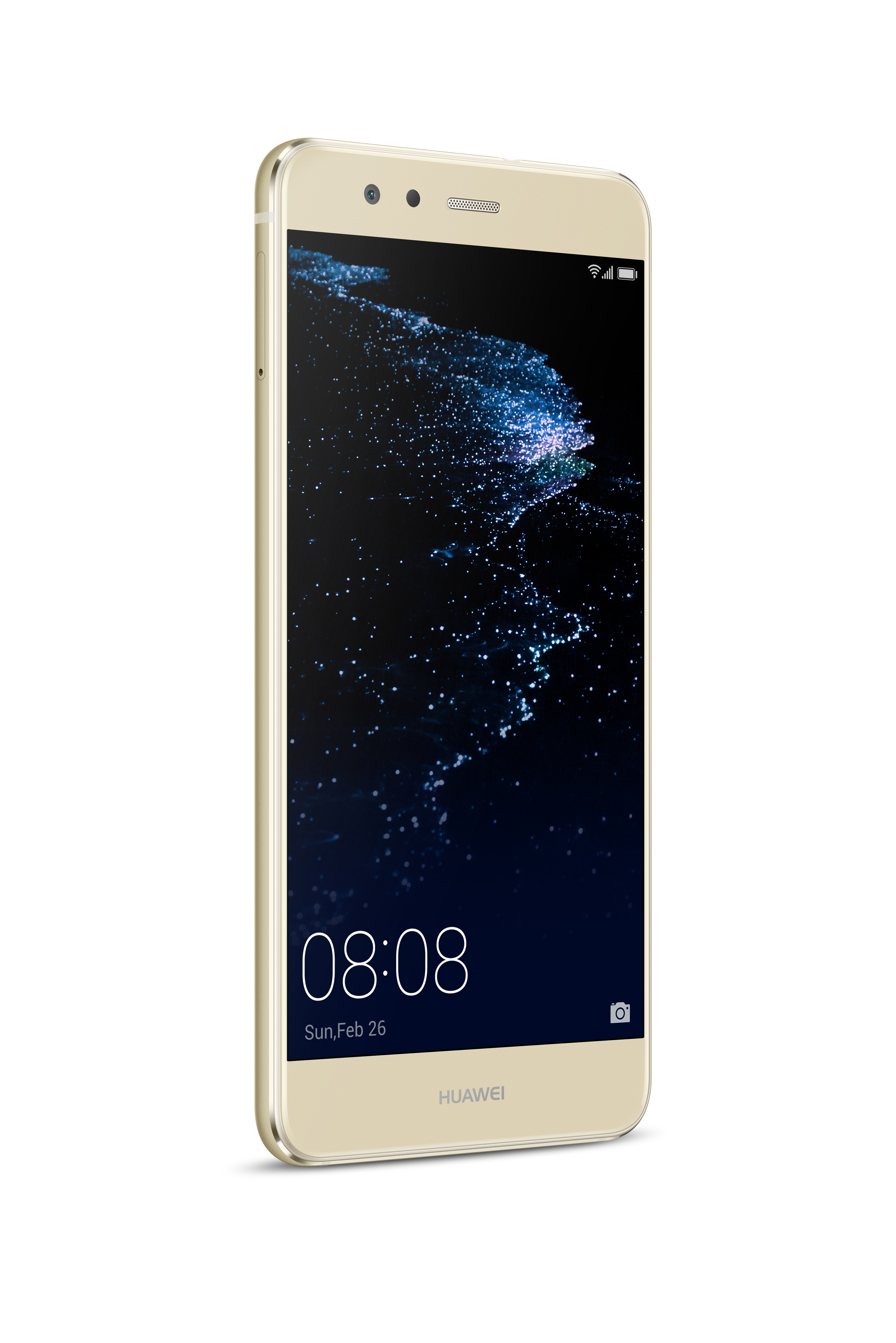 Goldenes Smartphone, mit Bildschirm, der Uhrzeit und Datum anzeigt, leicht nach rechts geneigt.
