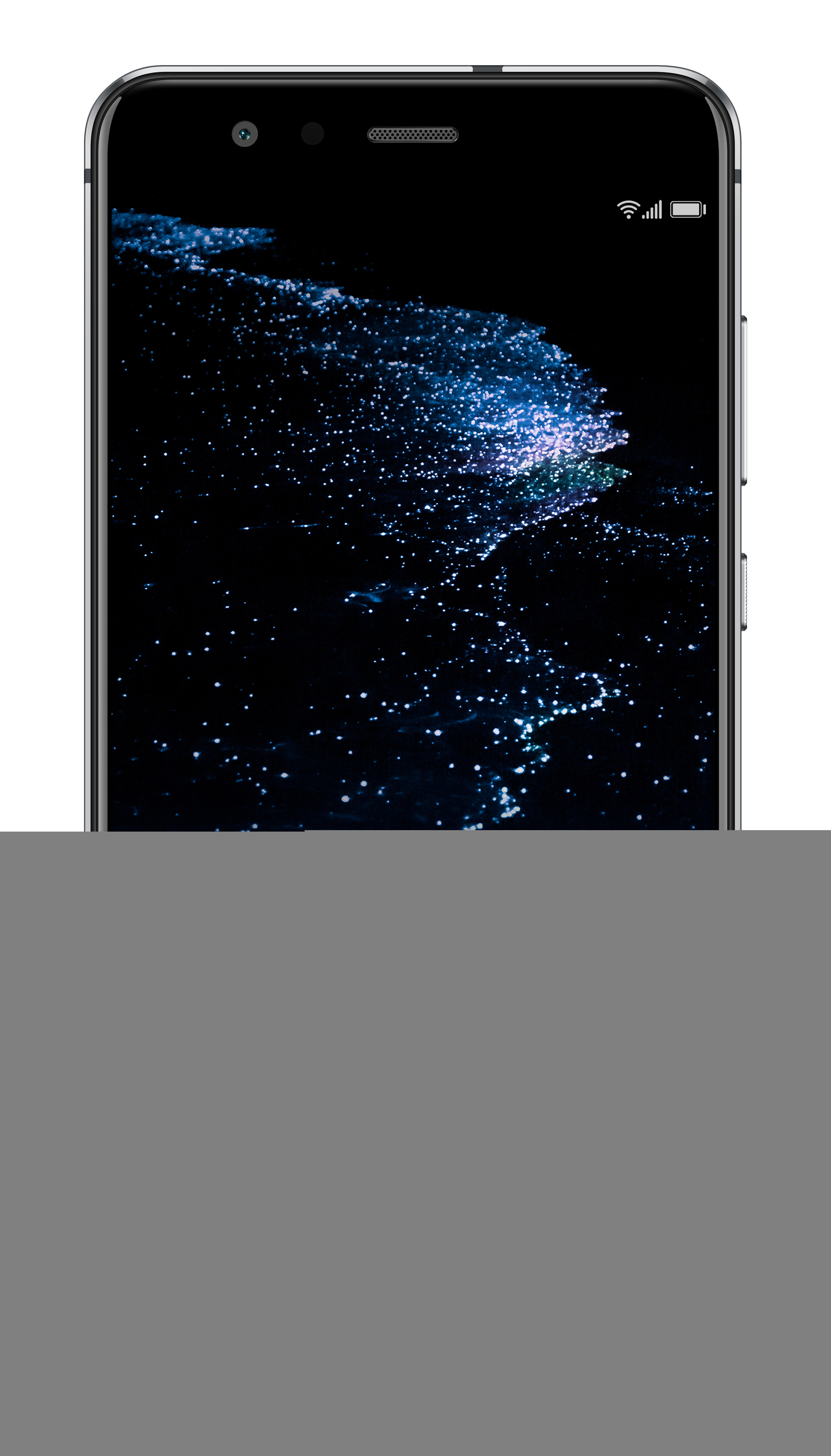 Écran de smartphone affichant une scène de nuit étoilée avec fond noir et cadre argent é.