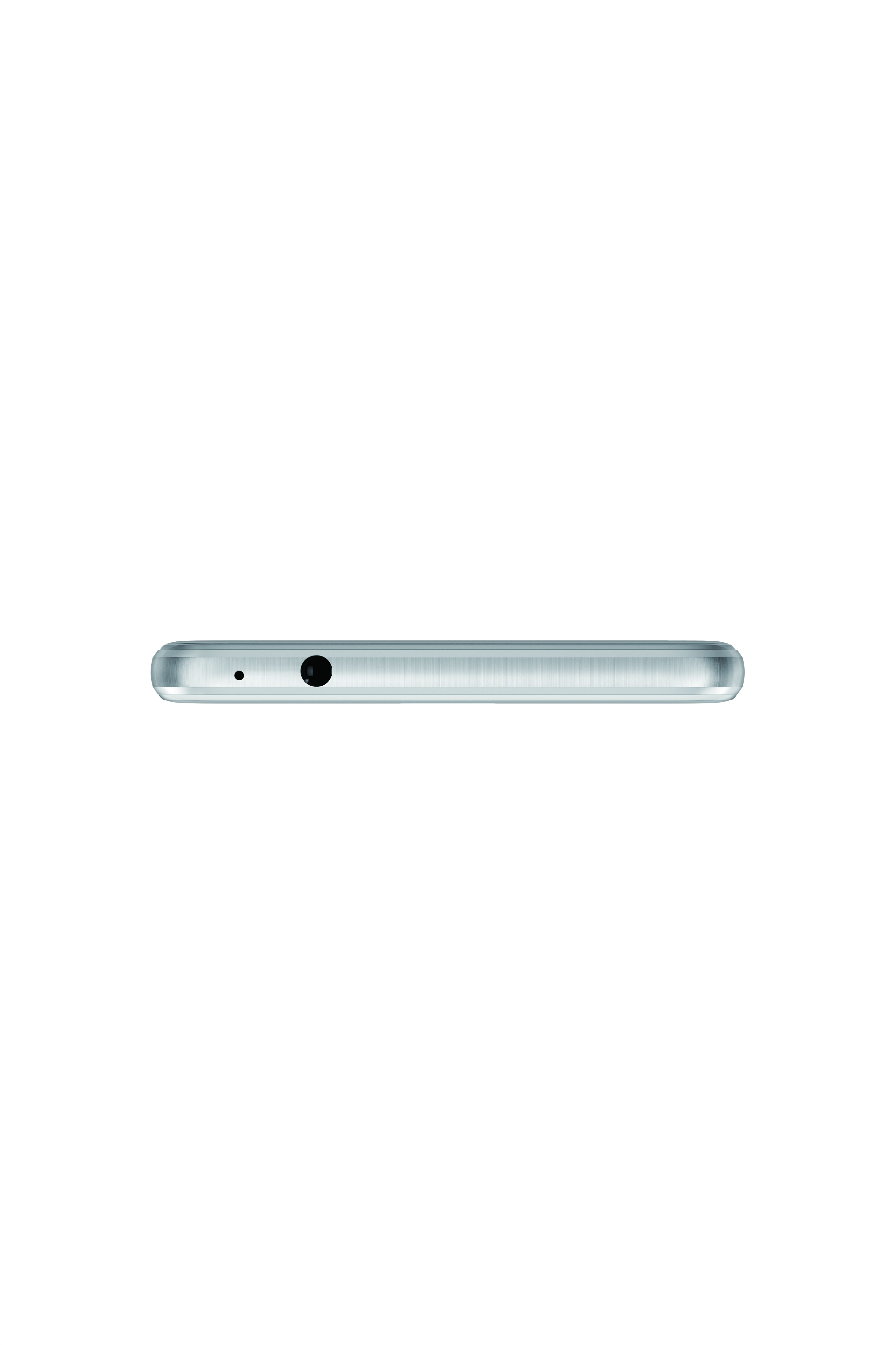 Ein dünnes, hellblaues Smartphone von der Endansicht, das die Unterkante mit einem kleinen Loch und einem Anschluss zeigt.