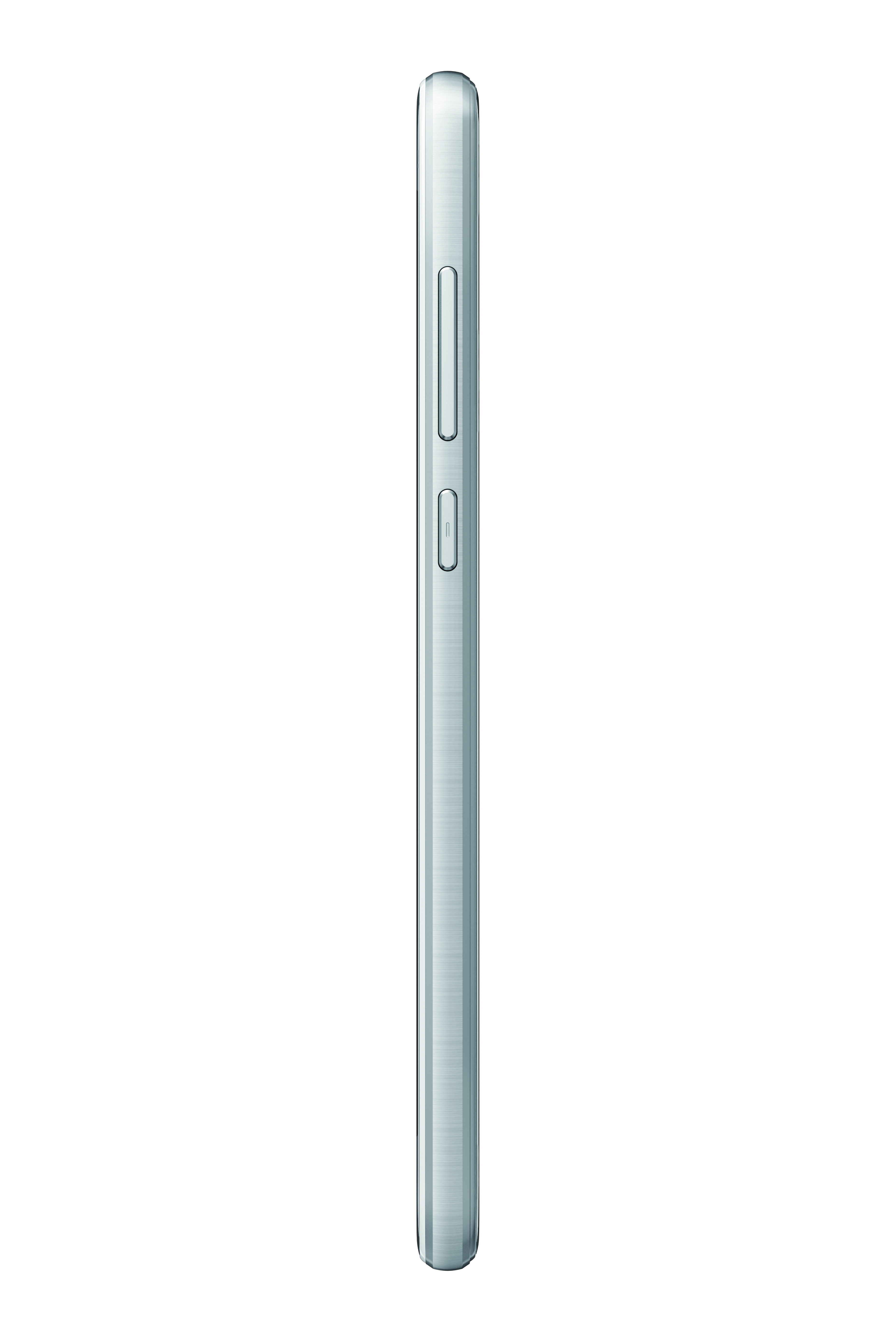 Seitenansicht eines silbernen Smartphones mit Tasten.
