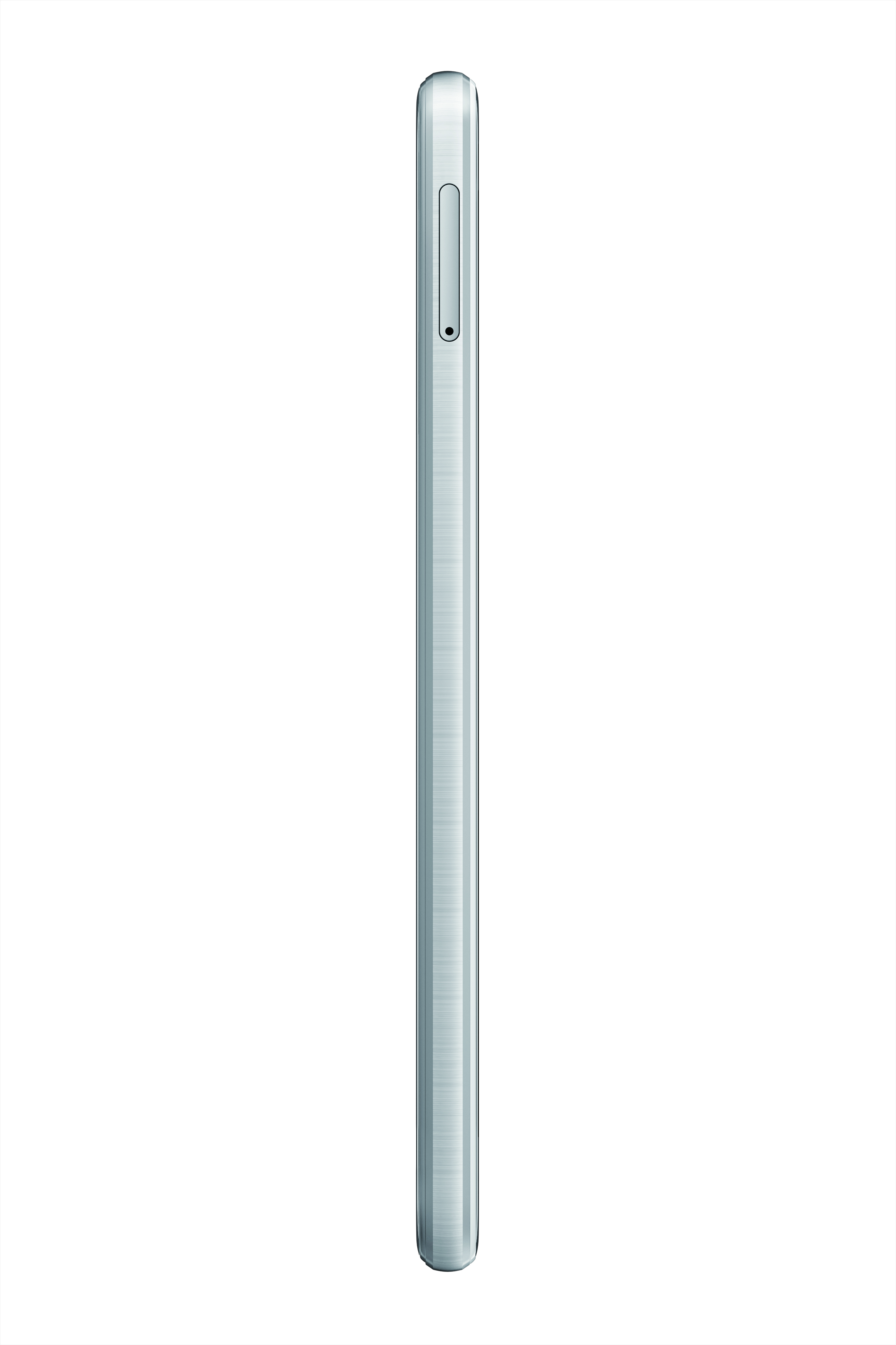 Eine silberne Smartphone-Seite. Die Seite zeigt eine Lautstärkewippe und einen SIM-Karten-Slot.