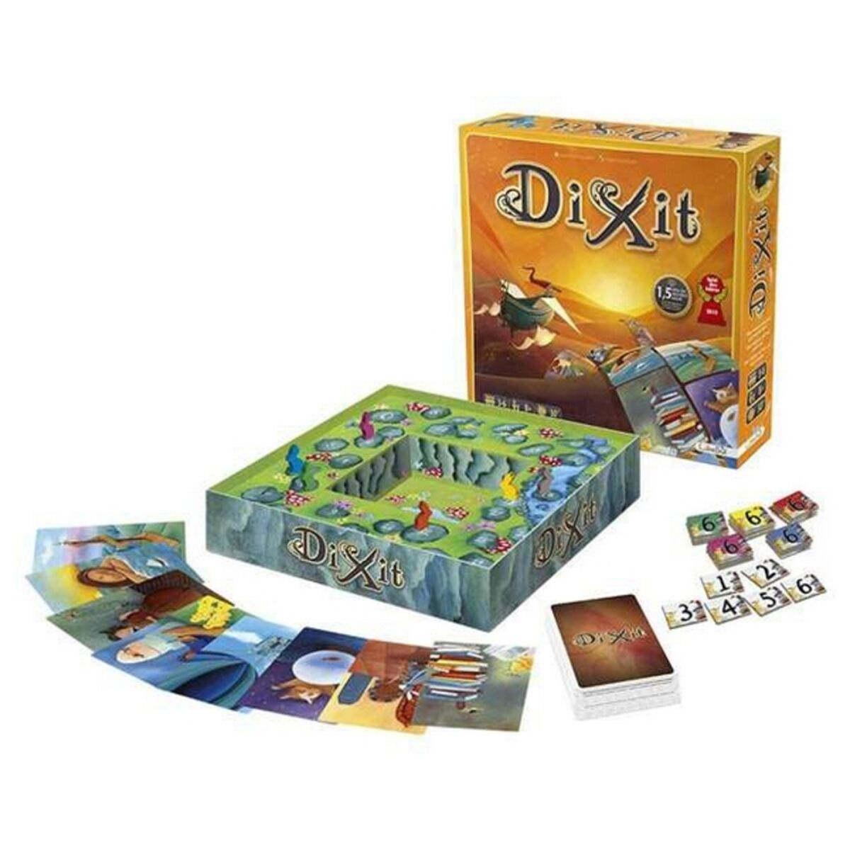 Dixit-Brettspiel-Set. Schachtel und Spielbrett sichtbar, mit Karten und Spielsteinen verstreut.