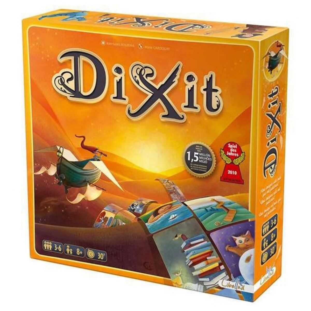 Ein verpacktes Brettspiel 'Dixit' mit farbenfrohen Illustrationen und Spieldetails.
