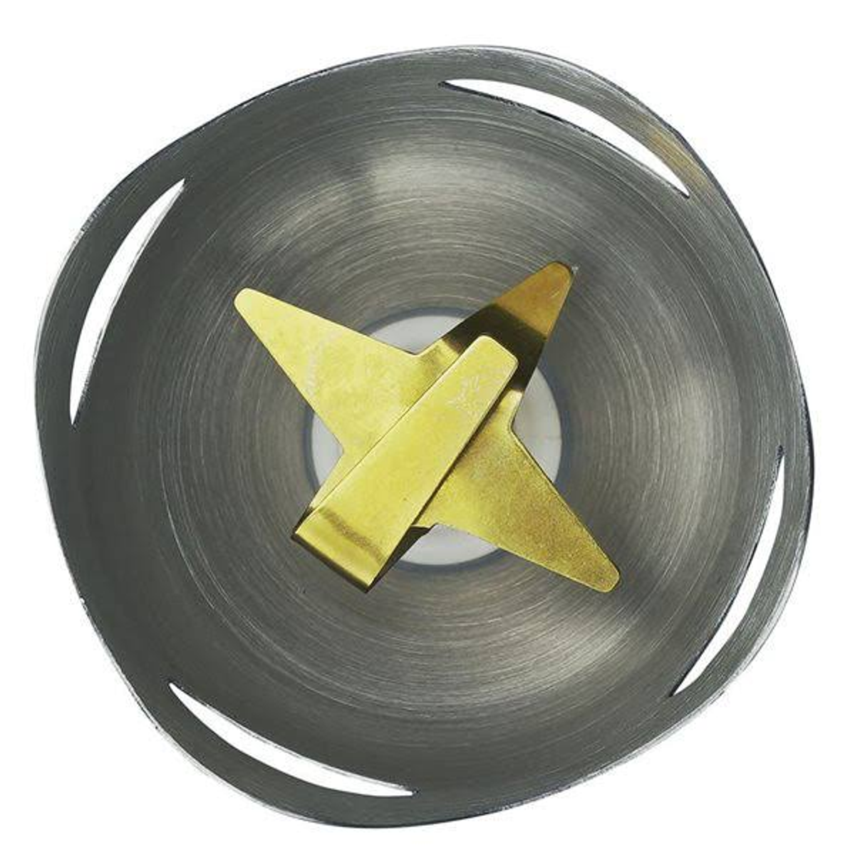 Metall-Mixerklingenbaugruppe. Es ist eine silberne, sternförmige Klinge mit einem goldenen Zentrum.