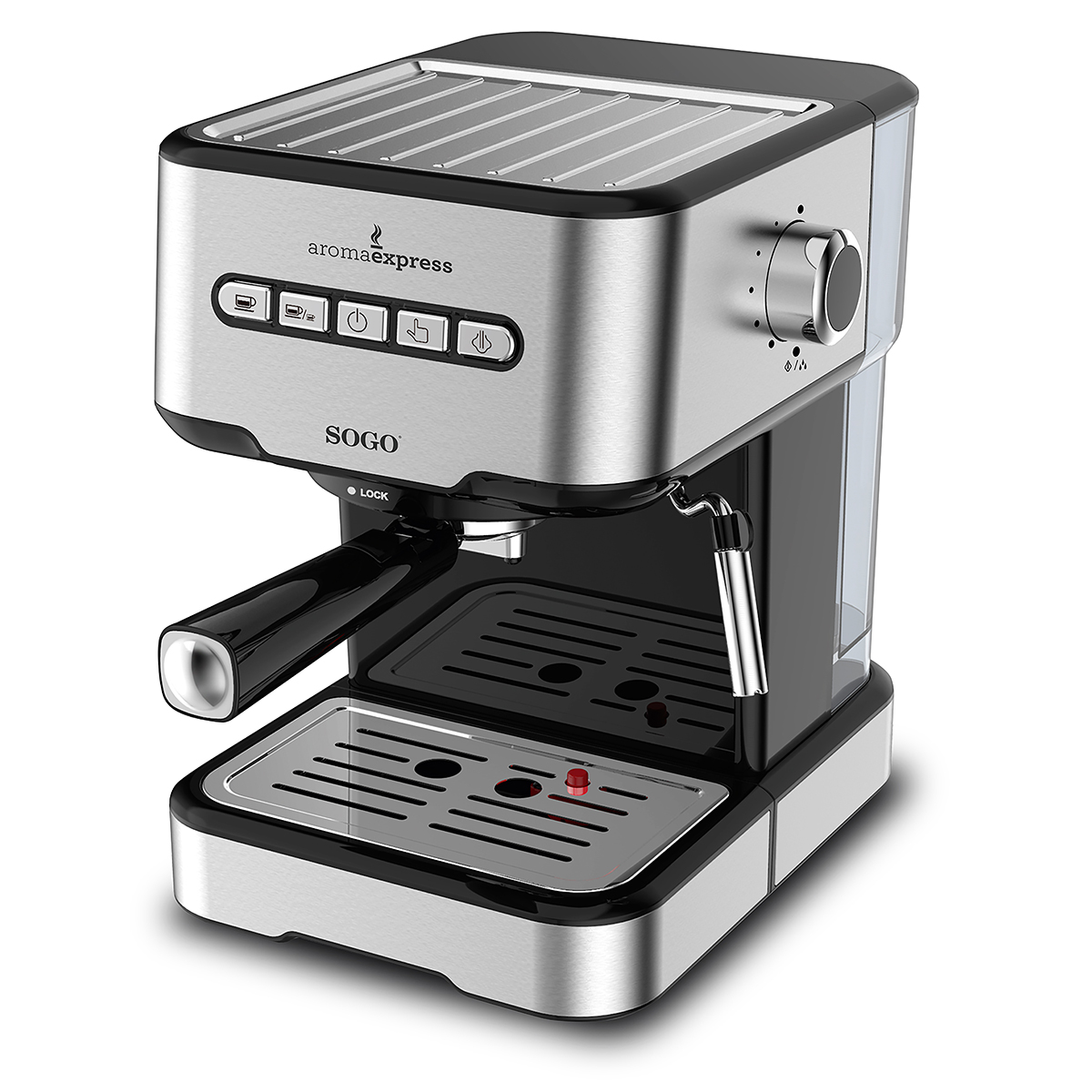 Macchina per caffè espresso argento e nera. Vista frontale, pulsanti e beccuccio visibili. Sfondo bianco.