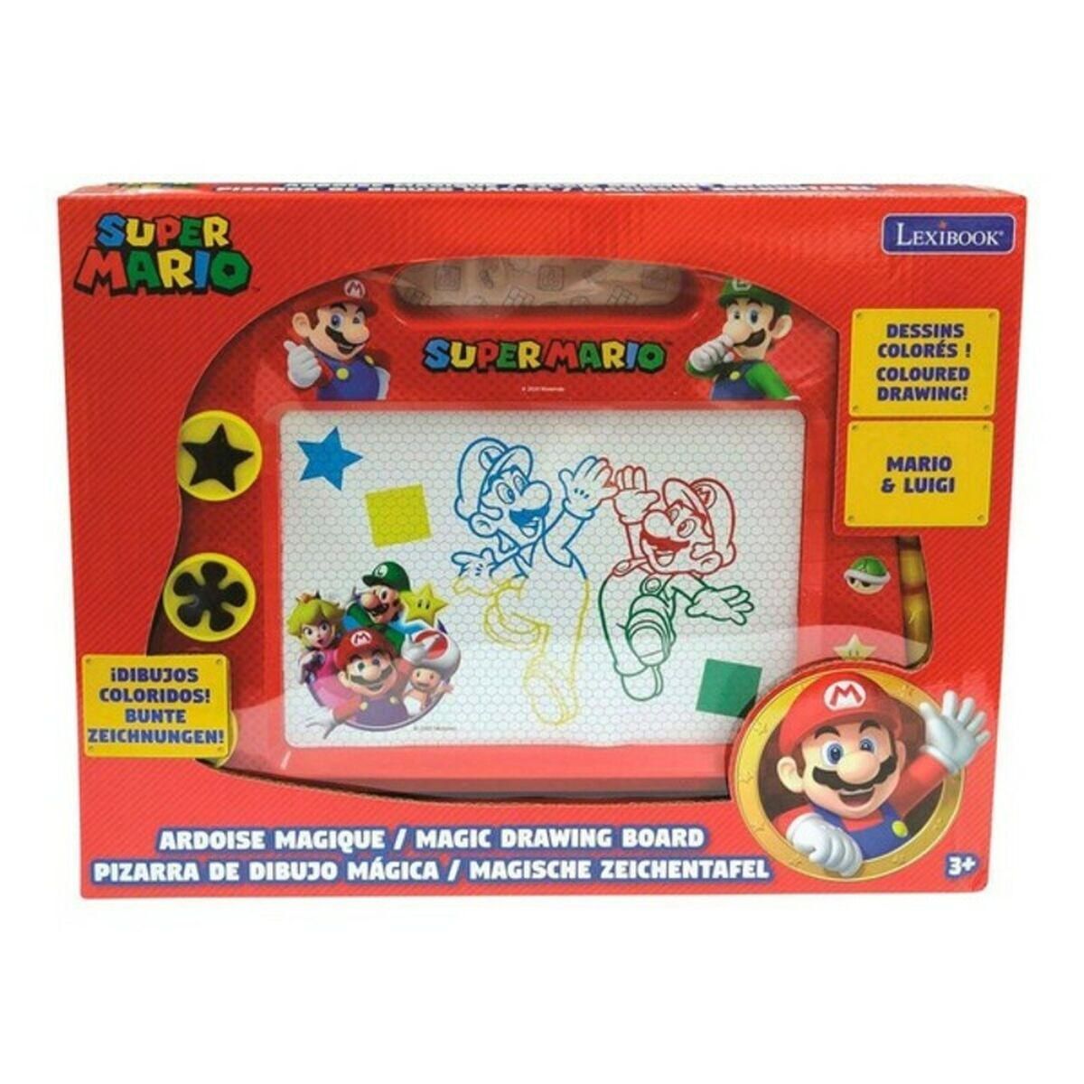 Juguete de tablero de dibujo rojo de Super Mario. La caja muestra a Mario, Luigi y ejemplos de dibujo.