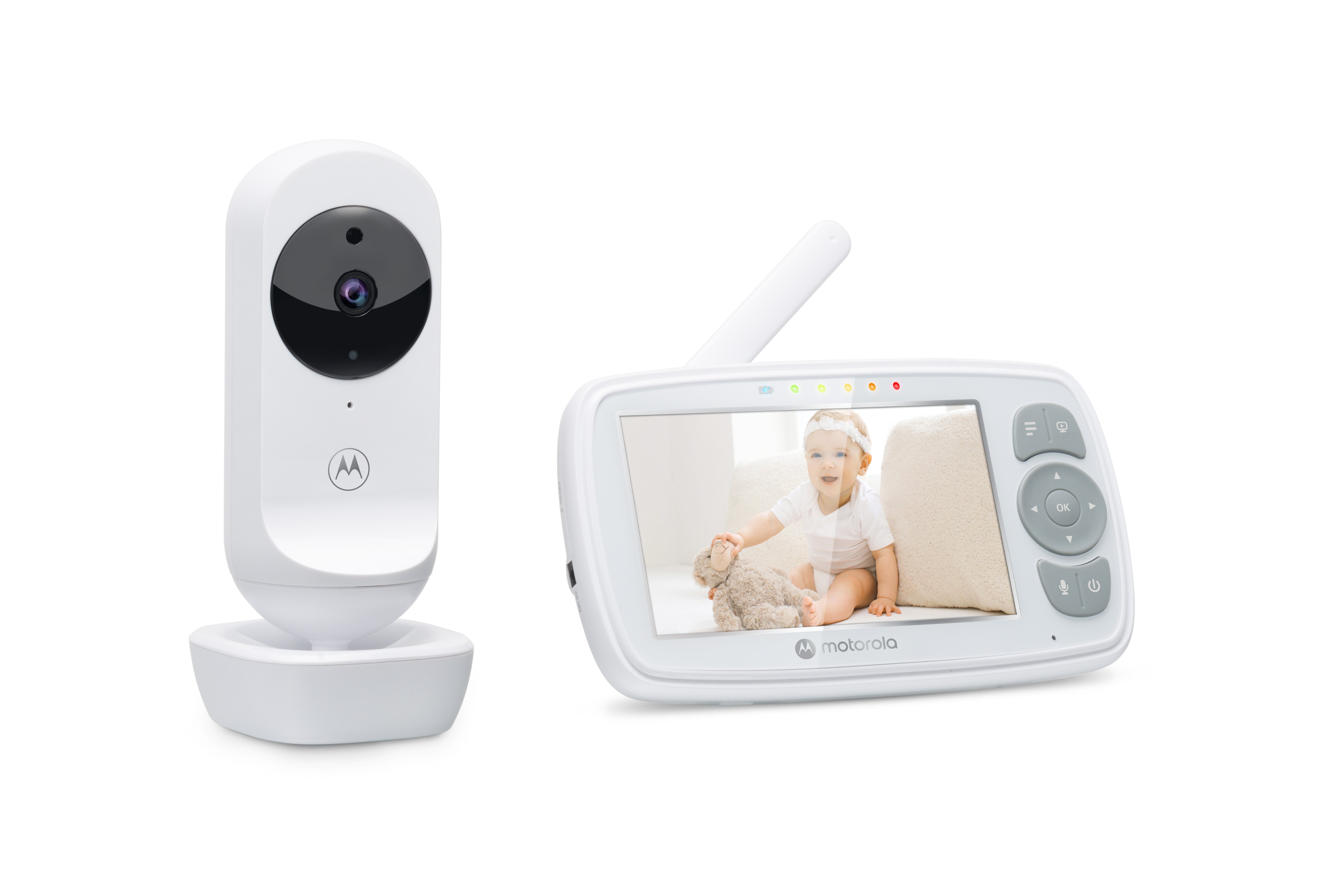 Ein weißes Babyphone-Set. Es enthält eine Kamera und einen Bildschirm mit Babybild.