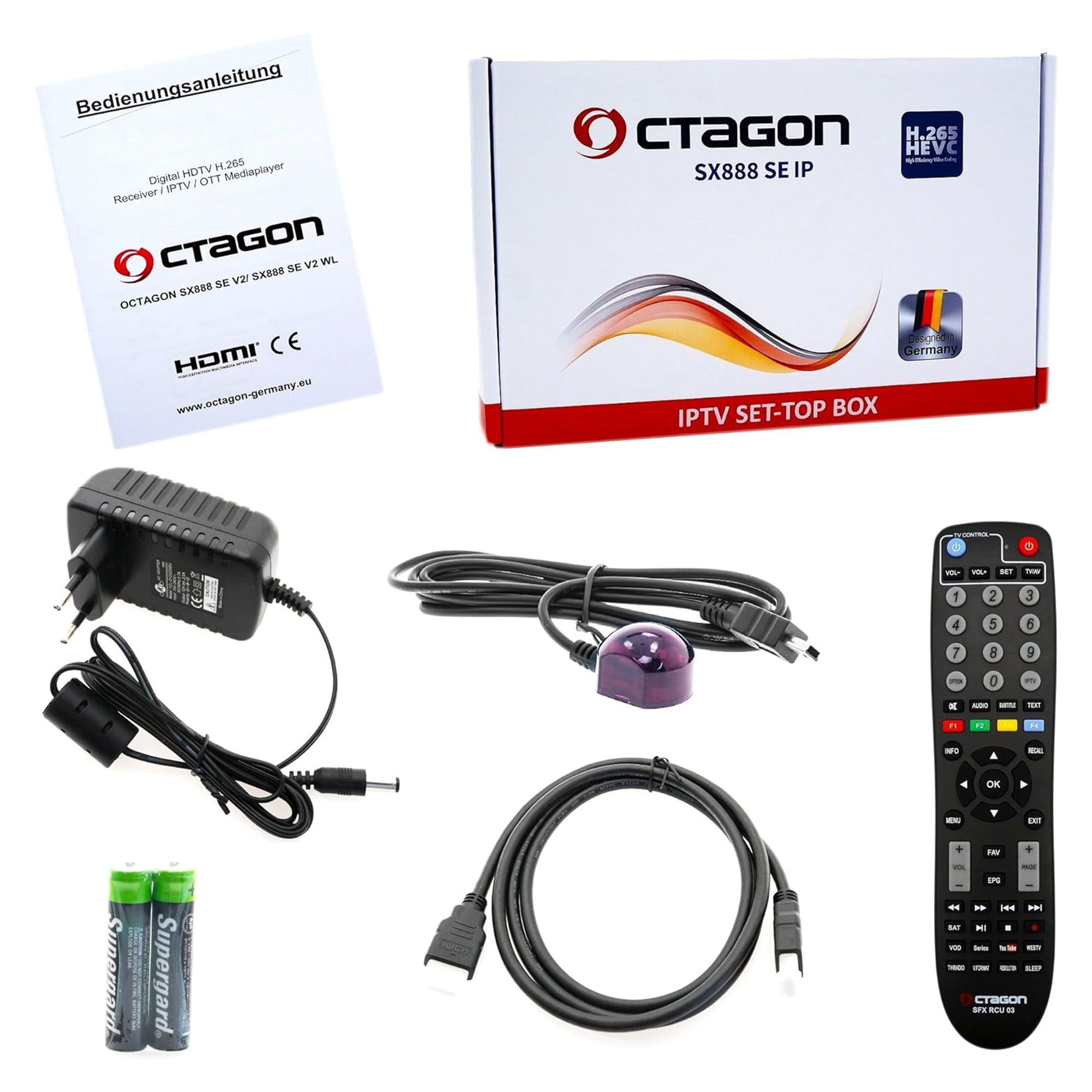 Box mit STAGON-Logo, Fernbedienung, Kabeln, Netzteil, Batterien und Handbuch auf weißem Hintergrund.