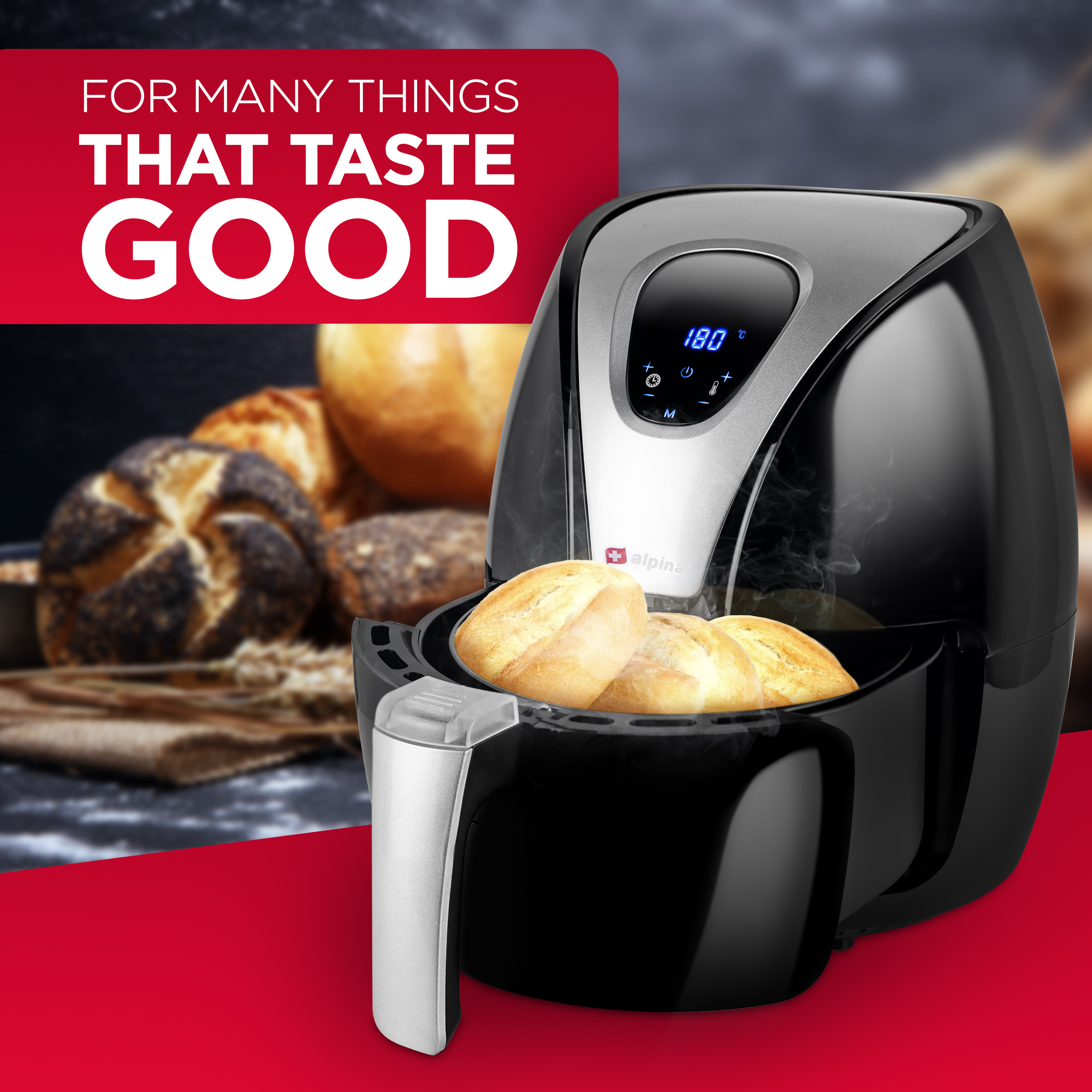 An air fryer with food inside. The text says 'FOR MANY THINGS THAT TASTE GOOD' is visible.