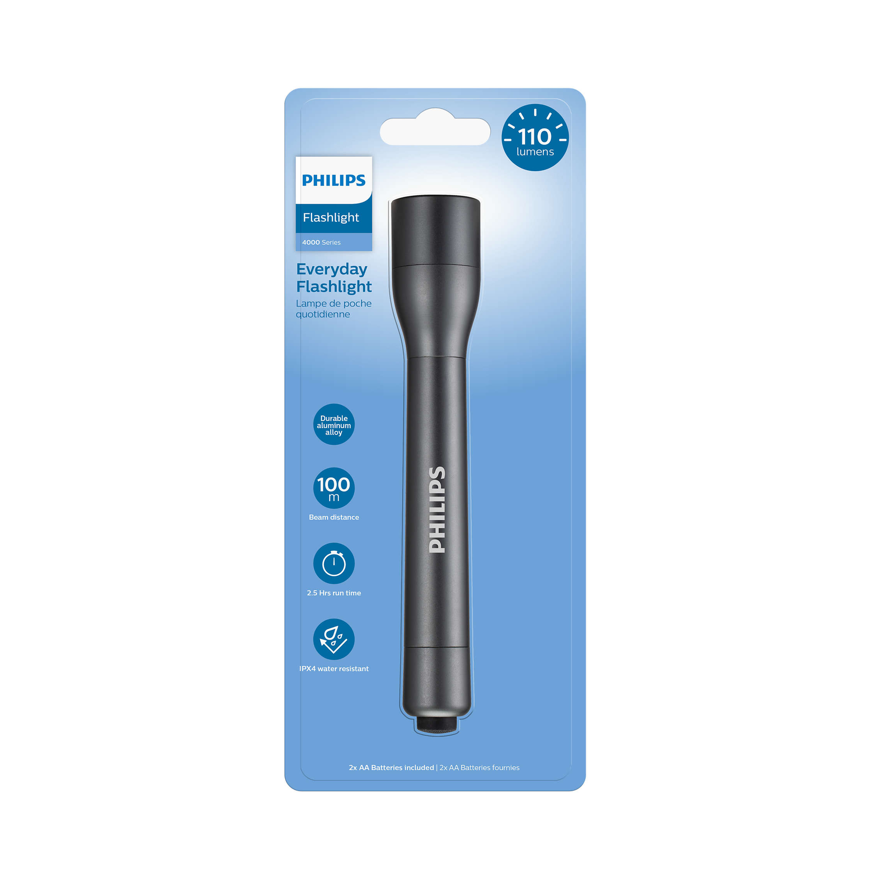 Torcia Philips nera, su una confezione blu e bianca con testo.