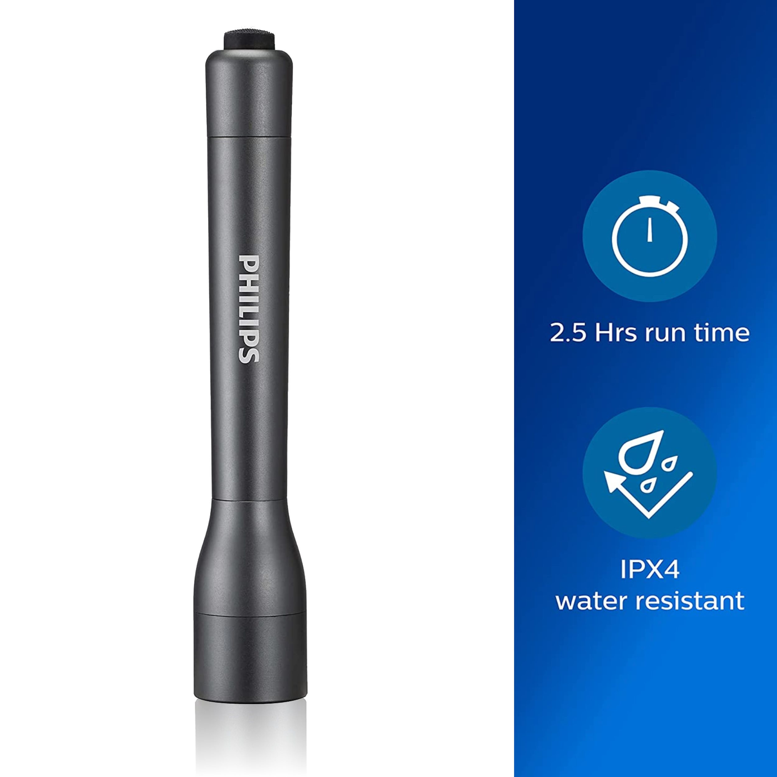 Torcia Philips grigio scuro. Mostra 2,5 ore di autonomia e resistenza all'acqua IPX4.