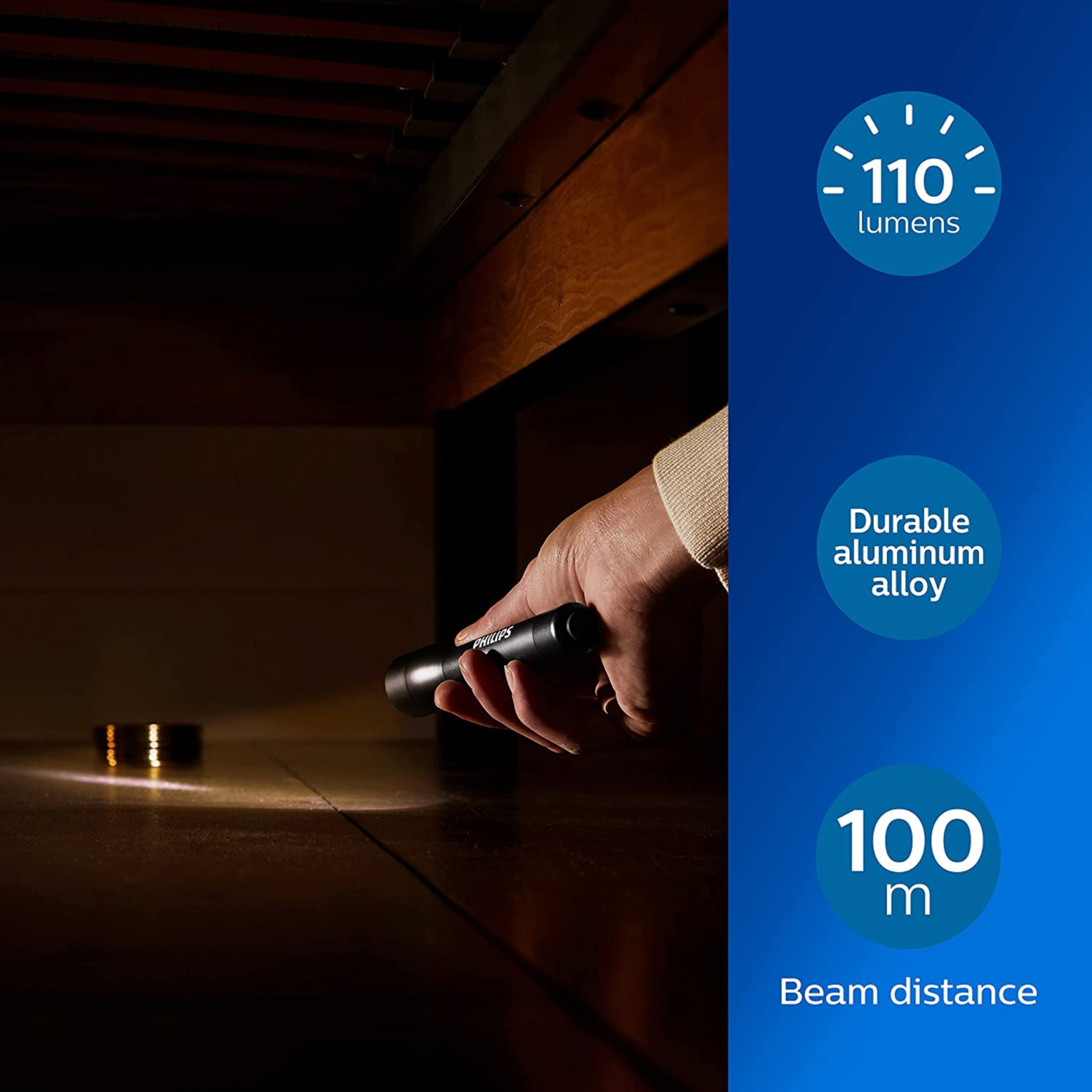 Una mano che tiene una torcia nera sotto un letto, accanto al testo che indica 110 lumen.