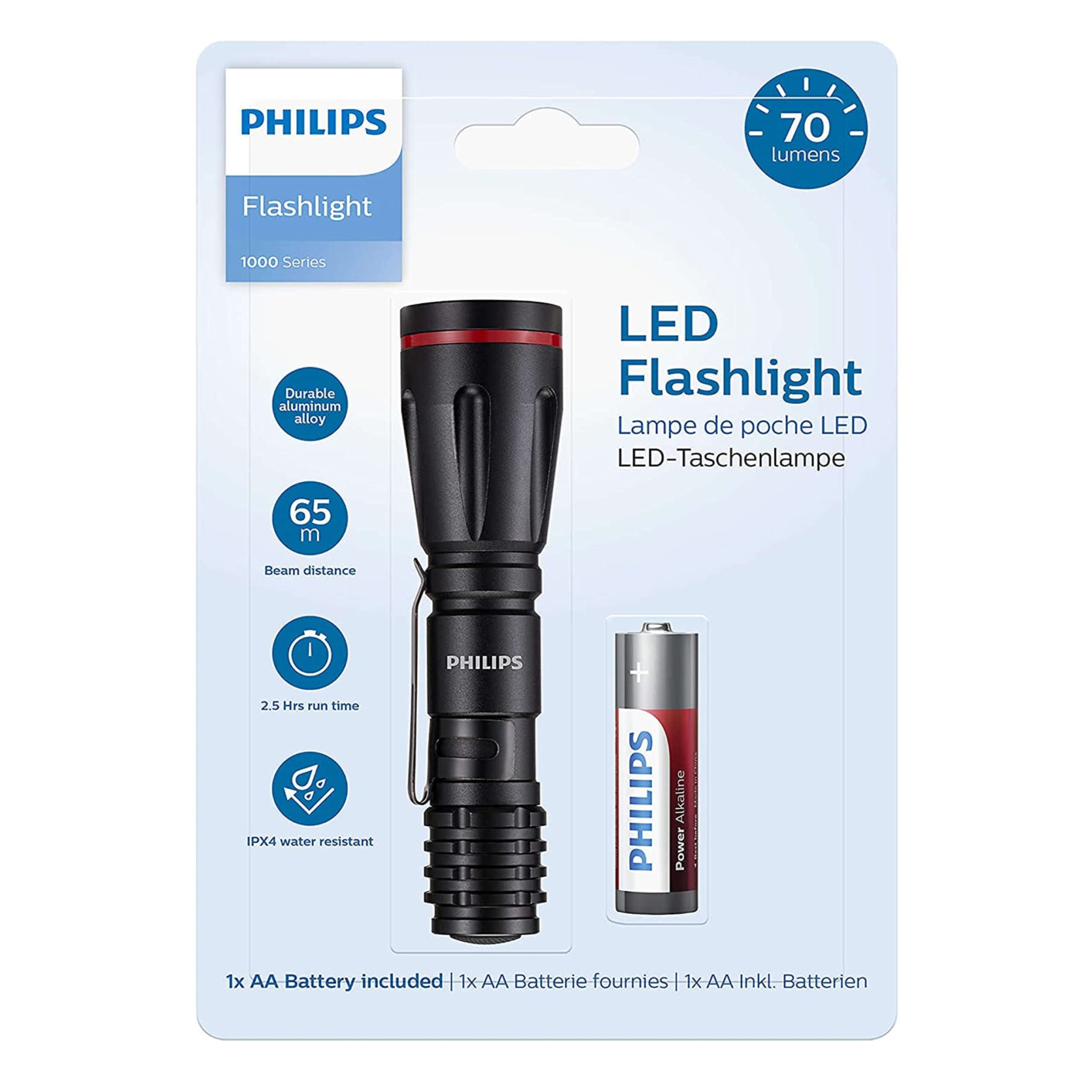 Philips LED-Taschenlampe in Verpackung. Merkmale: 70 Lumen, 65m Reichweite, Wasserfestigkeit.